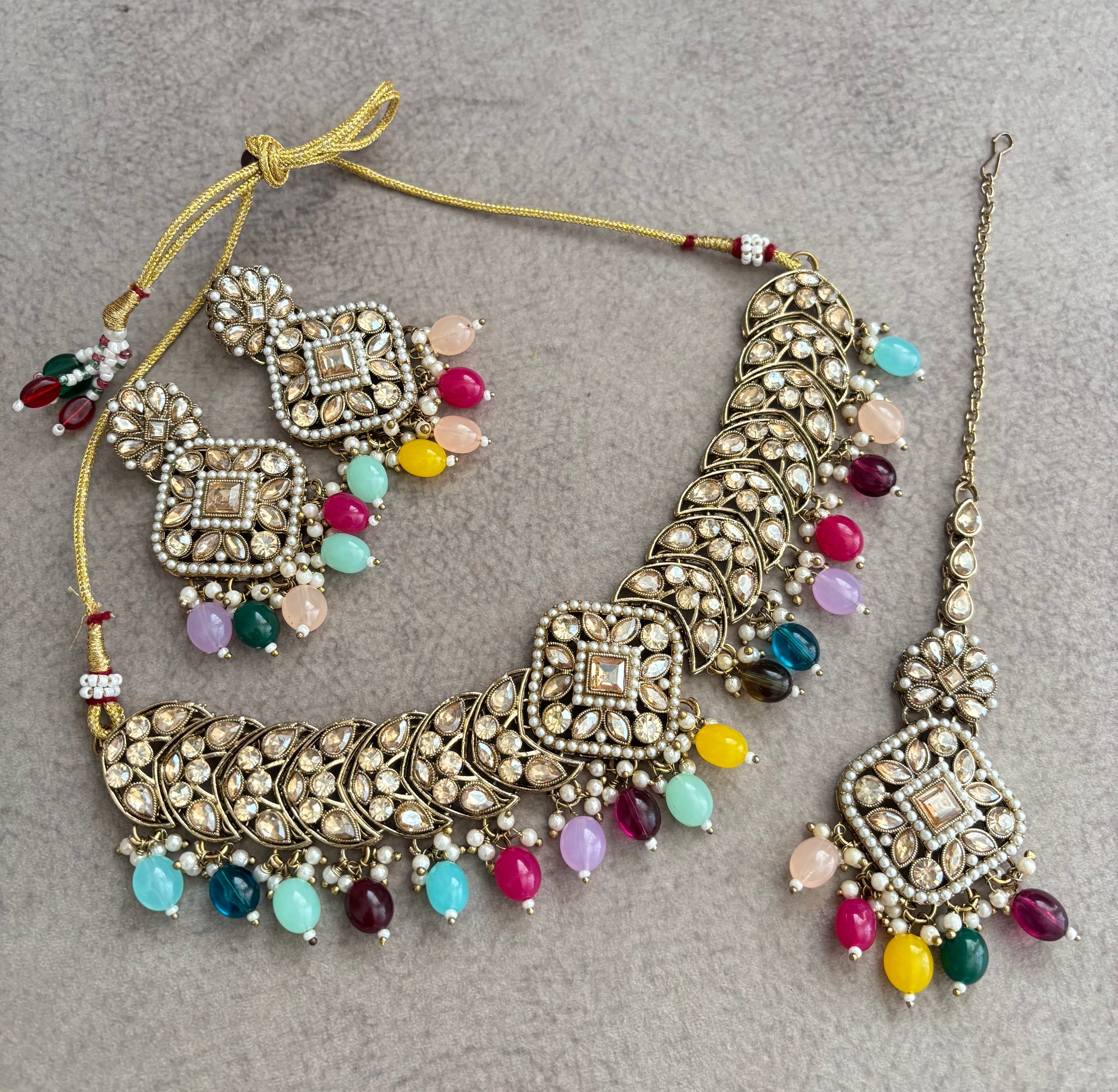 Multi Square Choker Set with Mang Tikka & Earrings