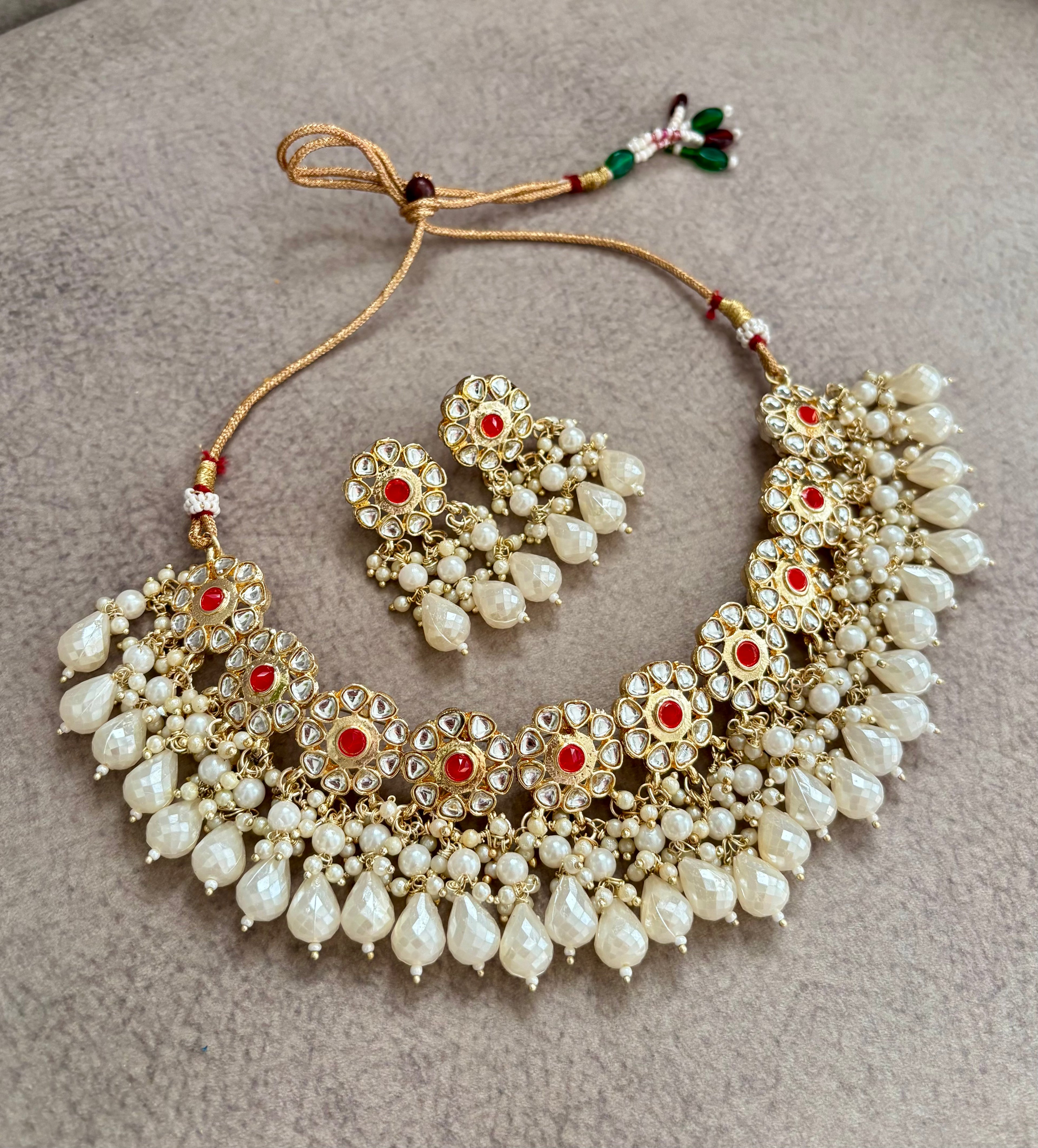 Red Flower Kundan Dupe Choker Set with Earrings