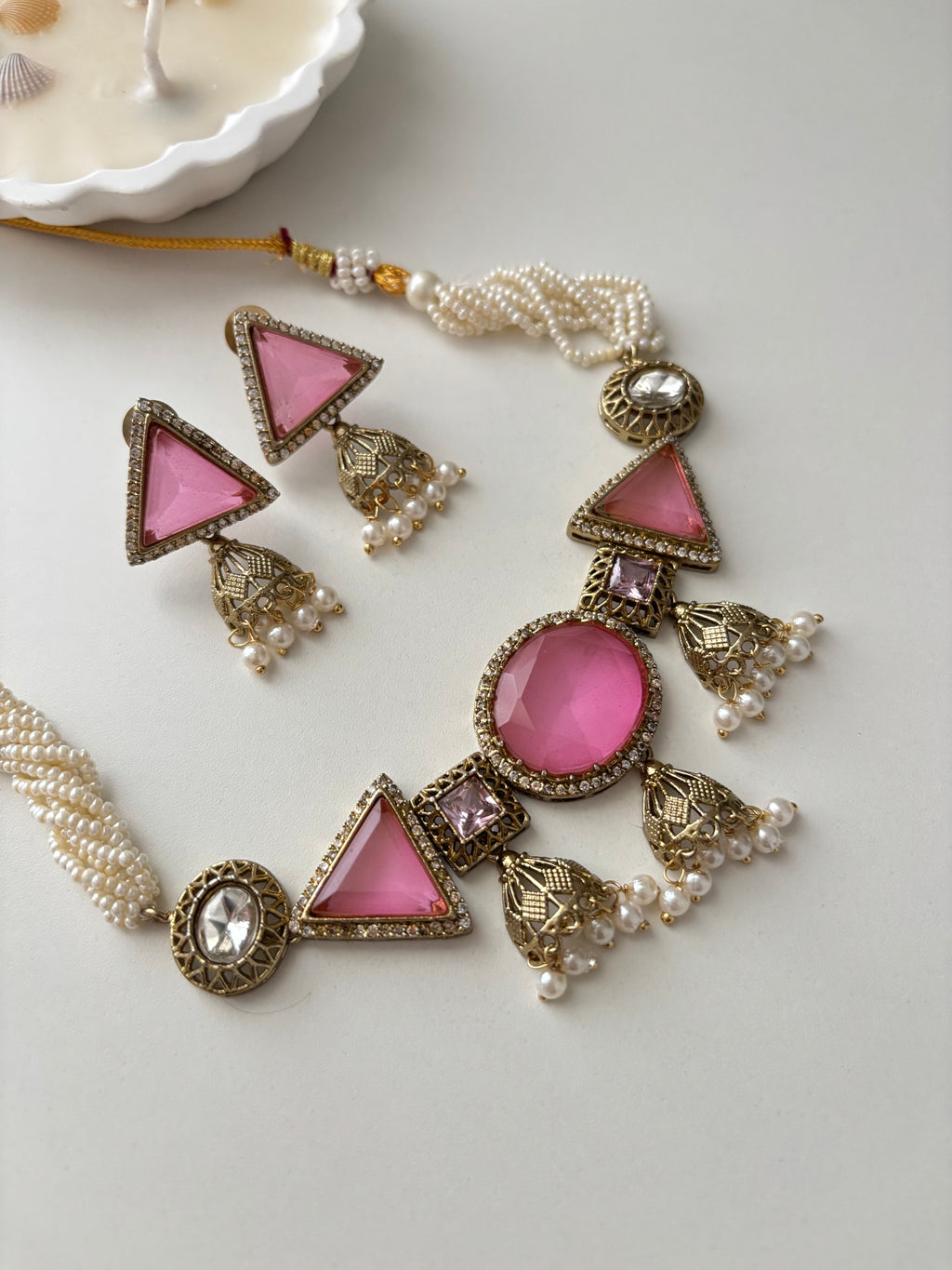 Jazz Doublet Stone Work Choker With Earrings (Pink)