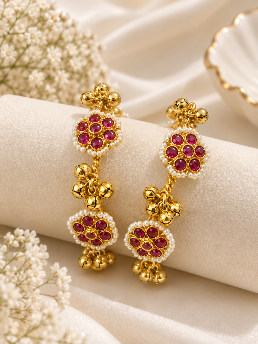 3 Flower Brass Kashmiri Ghungroo Adjustable Bangles (Ruby)