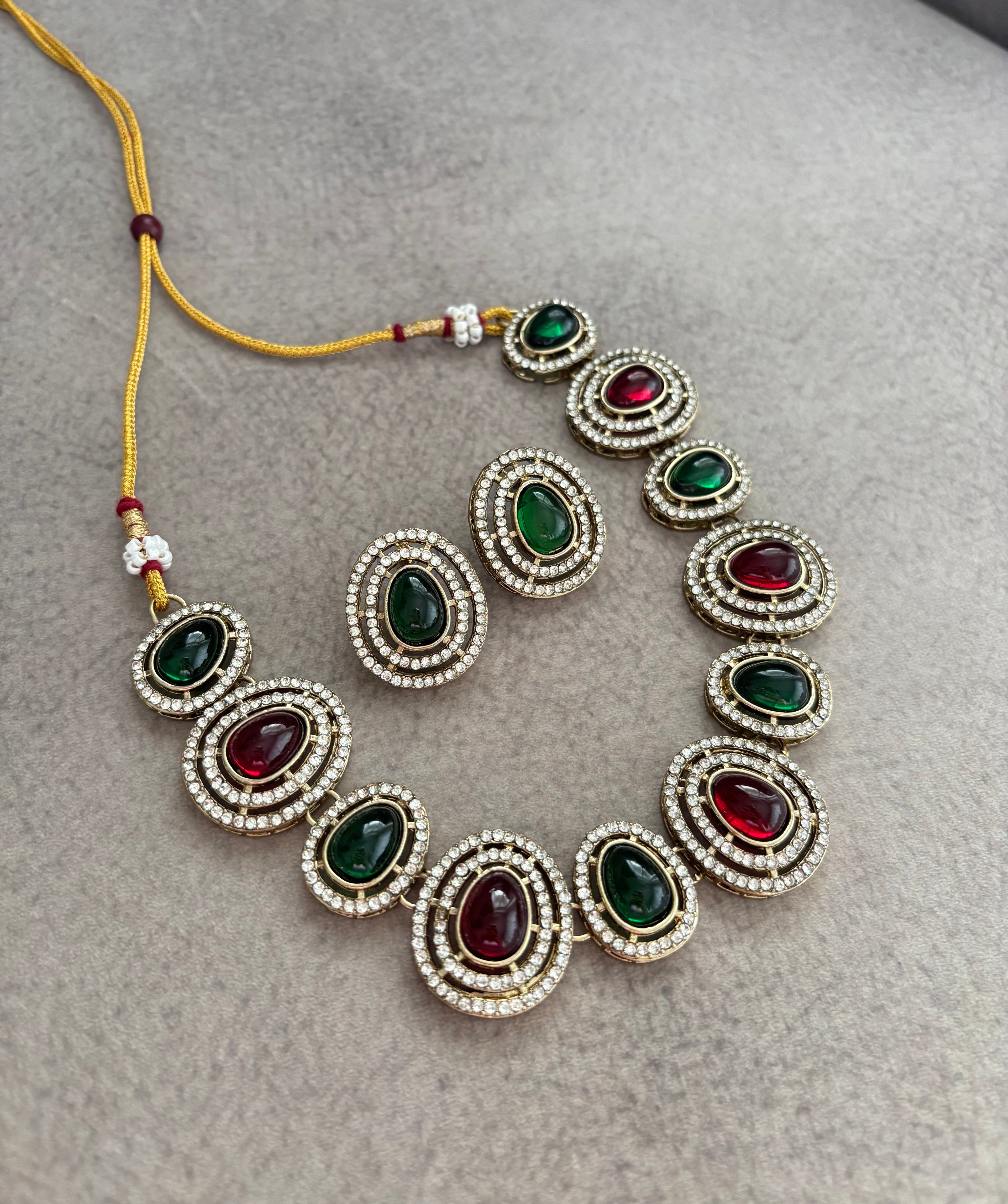 Maroon & Green Combination Necklace with Earrings
