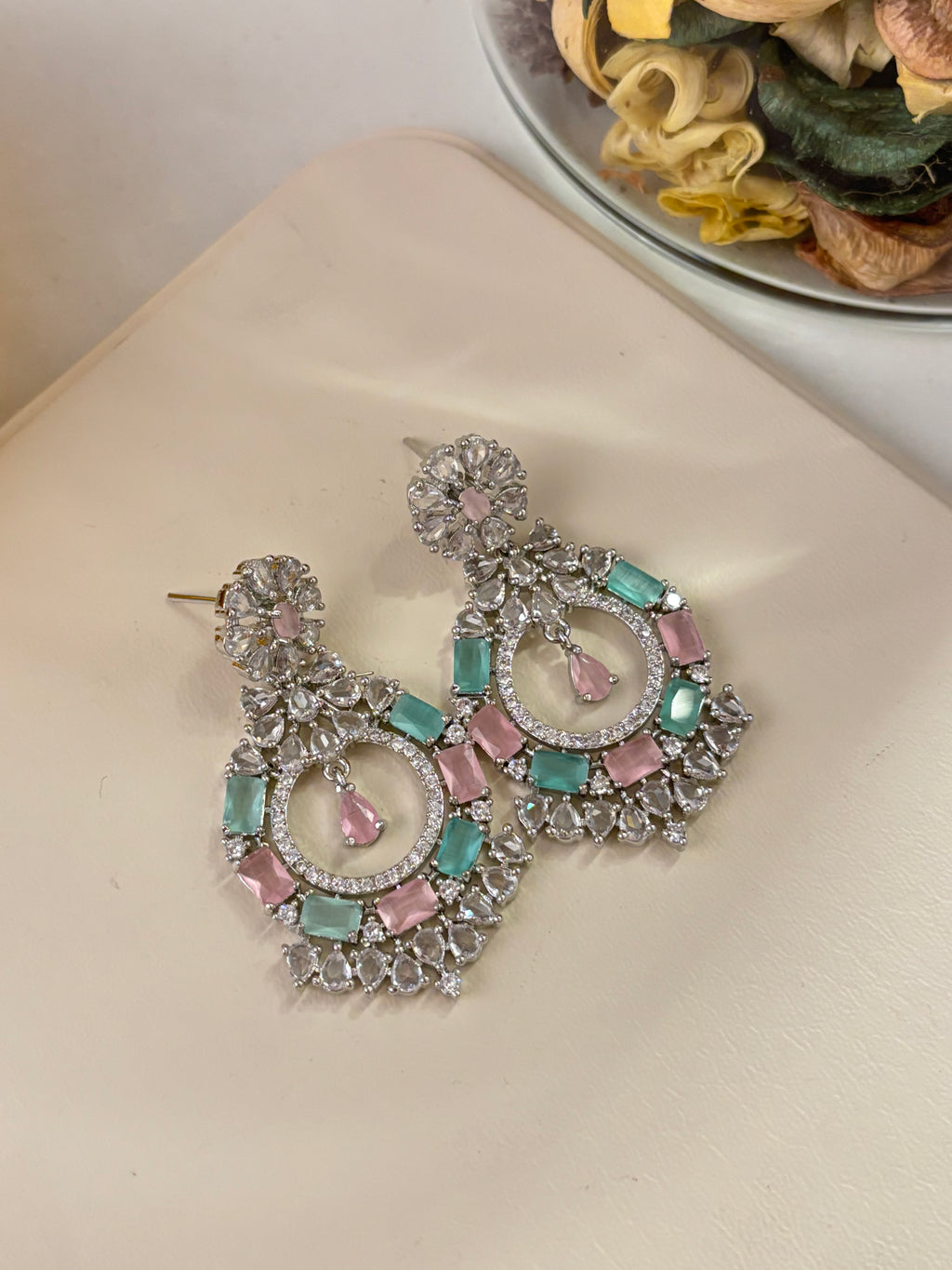 American Diamond Dazzling Earrings (Pink/Mint)