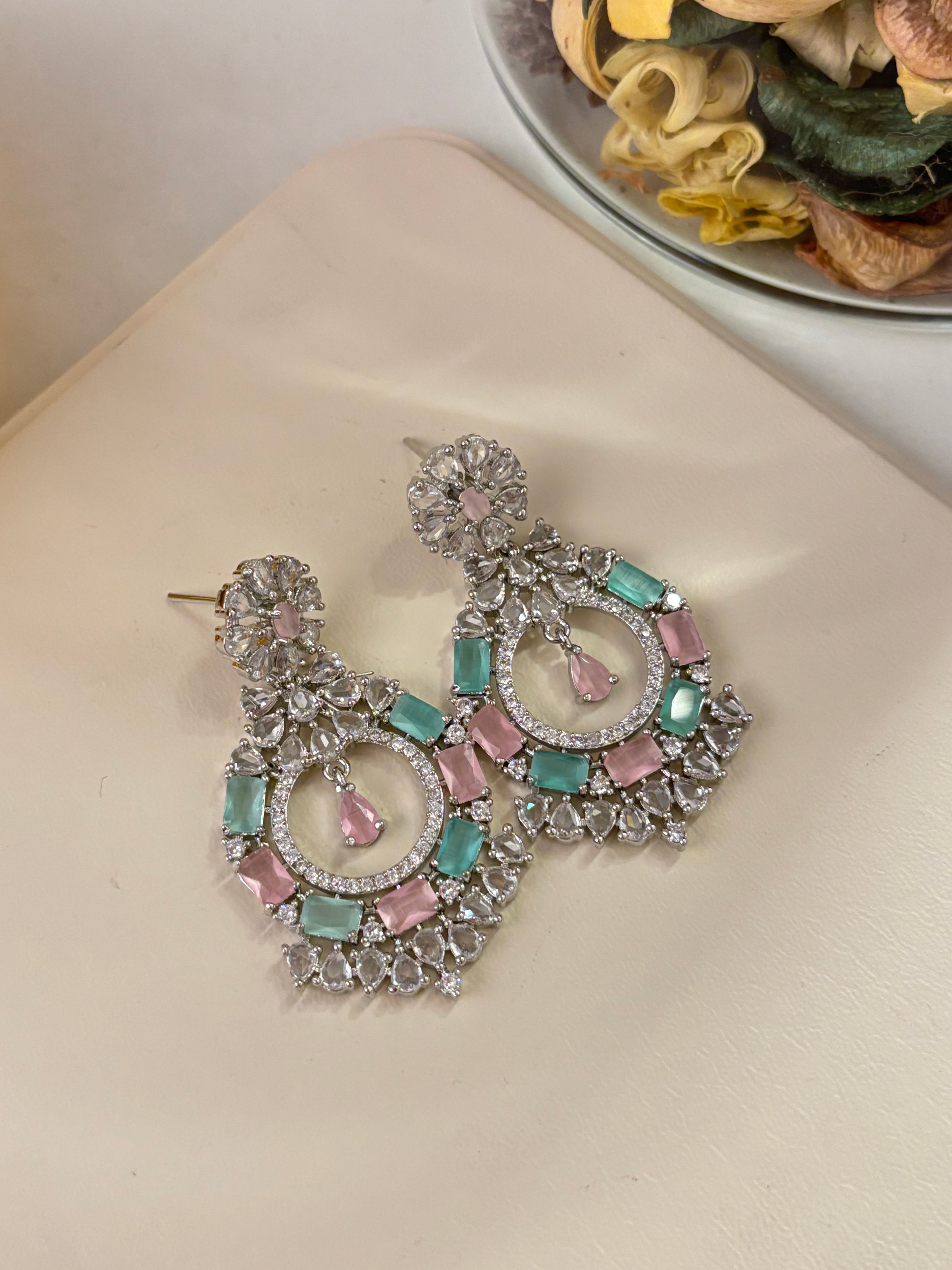 American Diamond Dazzling Earrings (Pink/Mint)