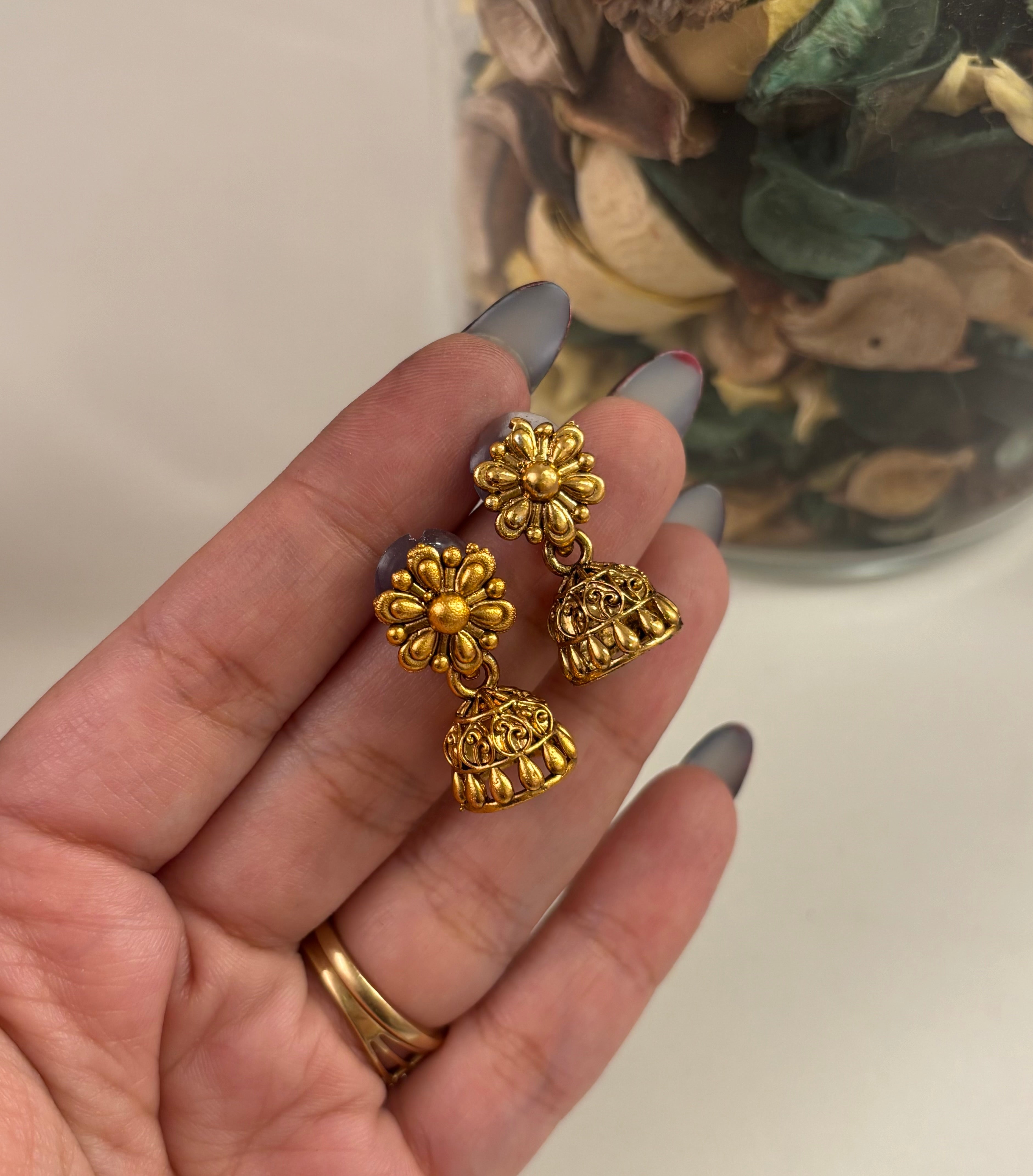 Gold Look Classy Necklace With Flower Jhumkas