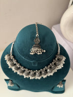 Designer Silver Necklace With Mang Tikka & Jhumkas