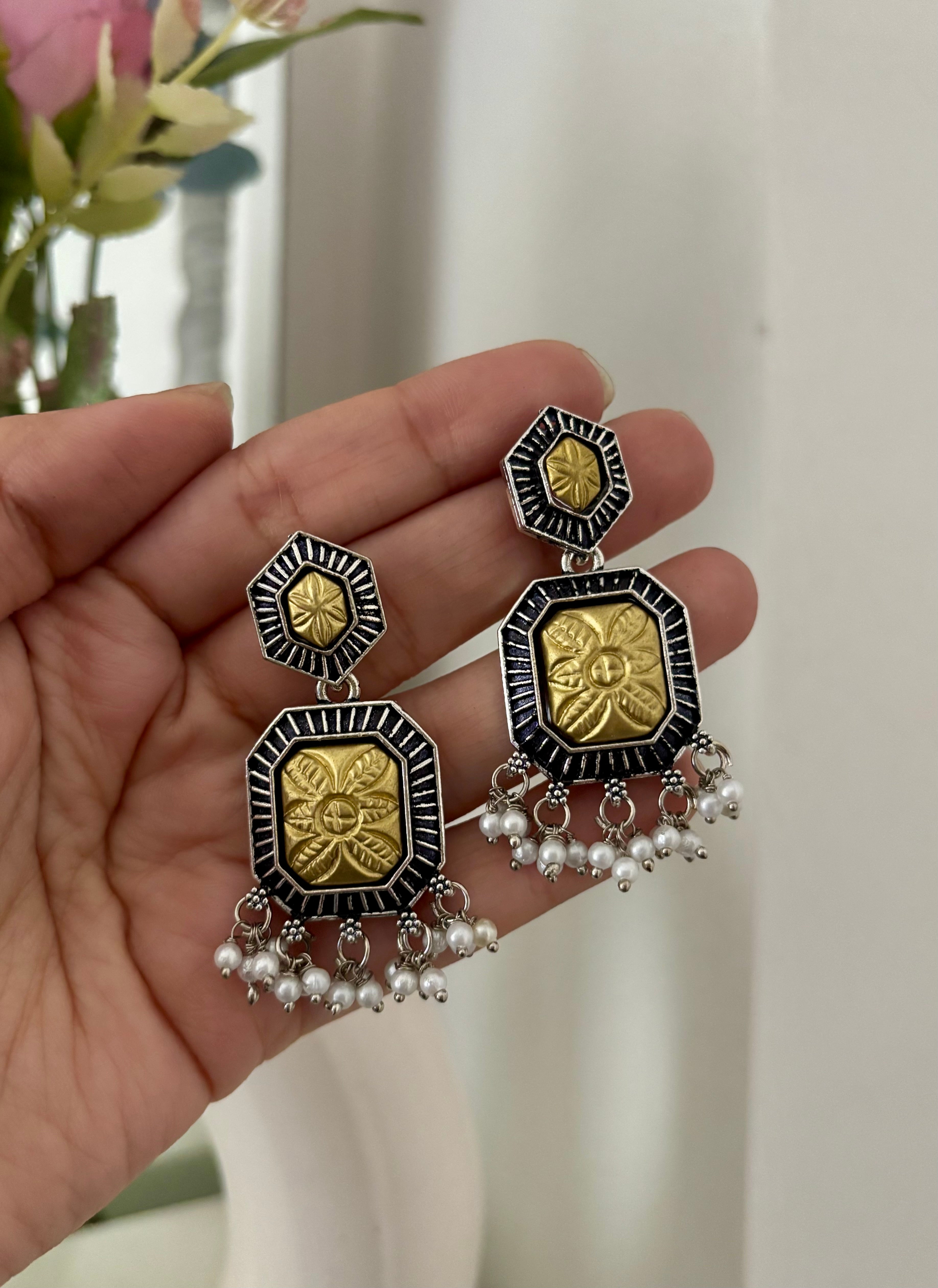 Double Tone Silver & Golden Earrings