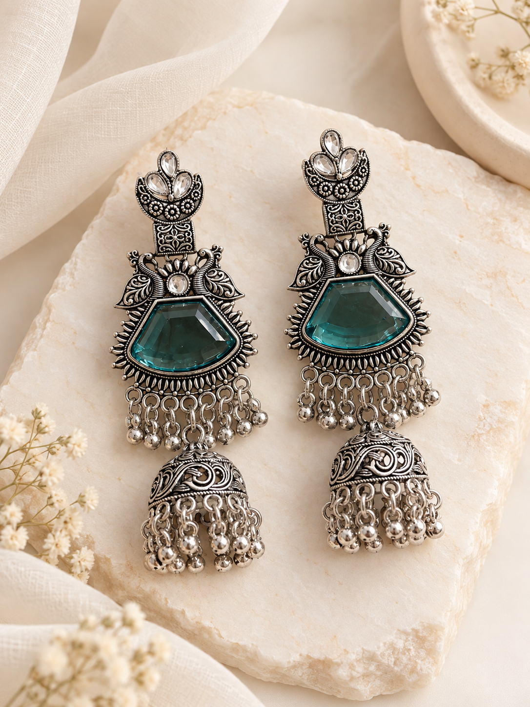 Safeena Silver Jhumkas (Rama Green)