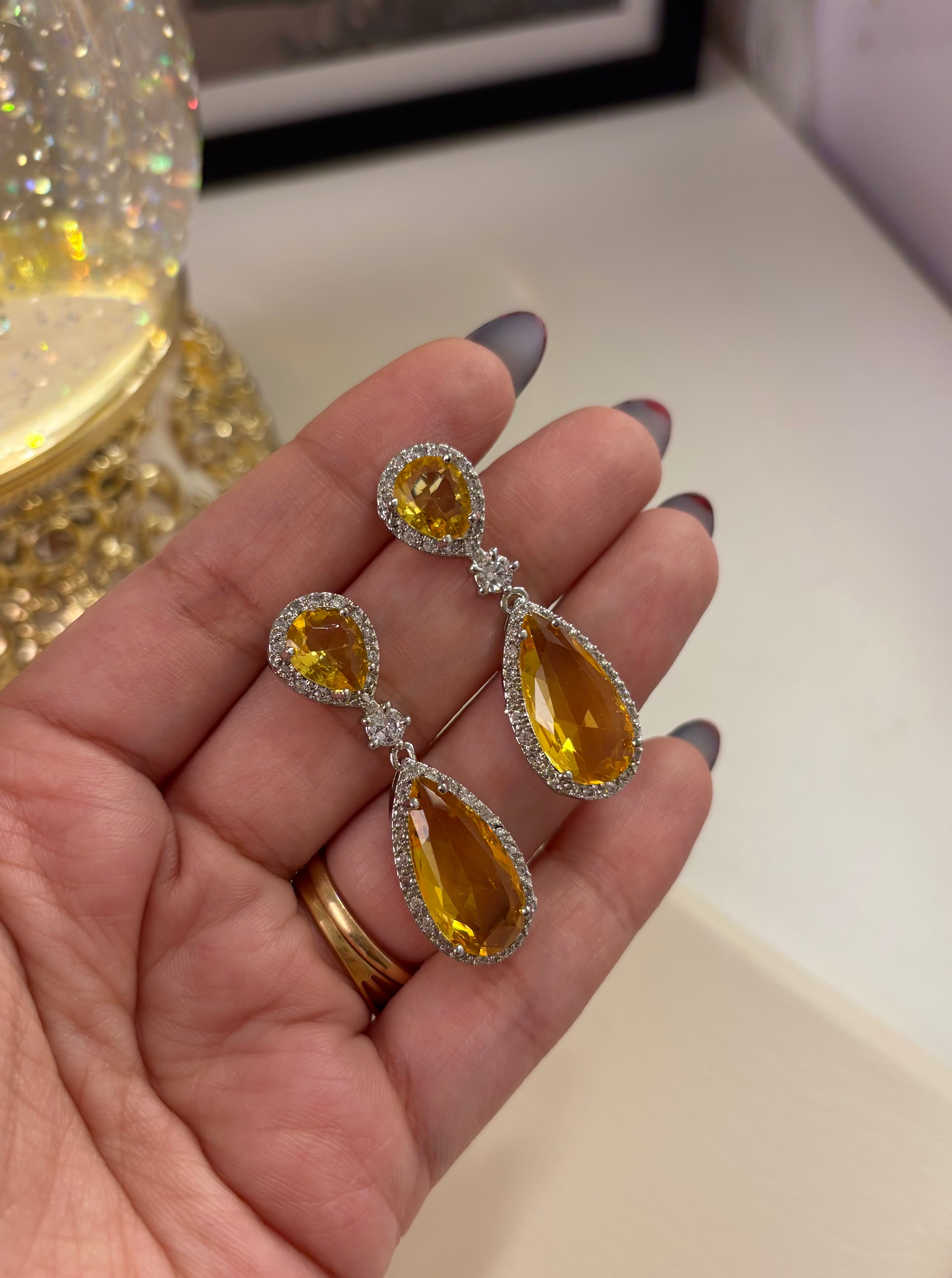 Elegant Drop American Diamond Yellow Earrings
