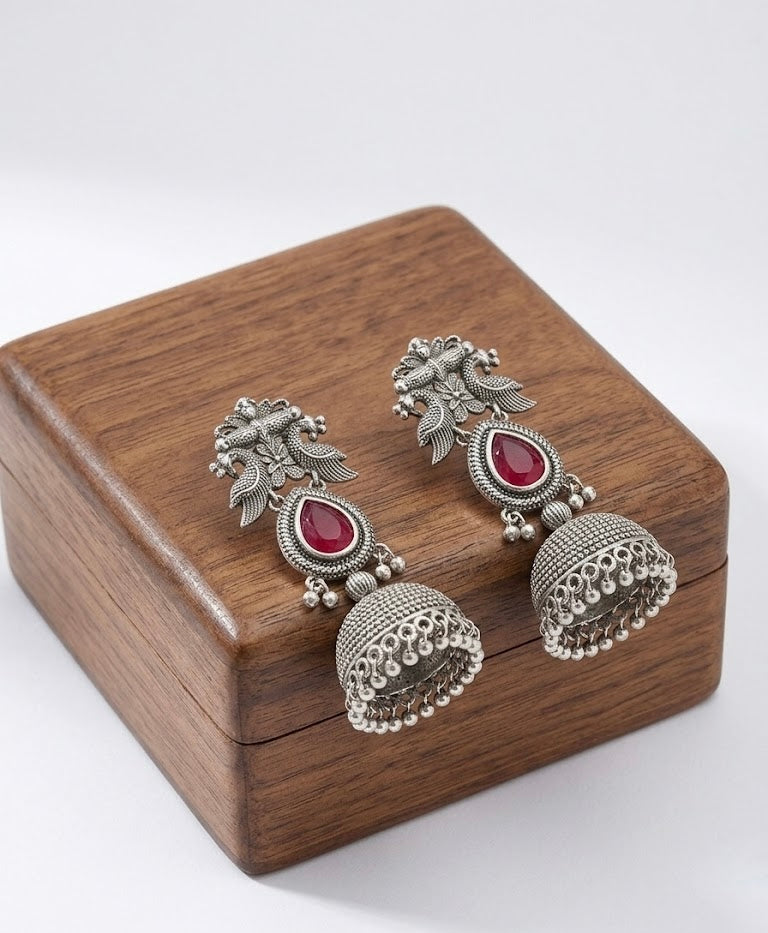 Silver Dark Pink Peacock Jhumka