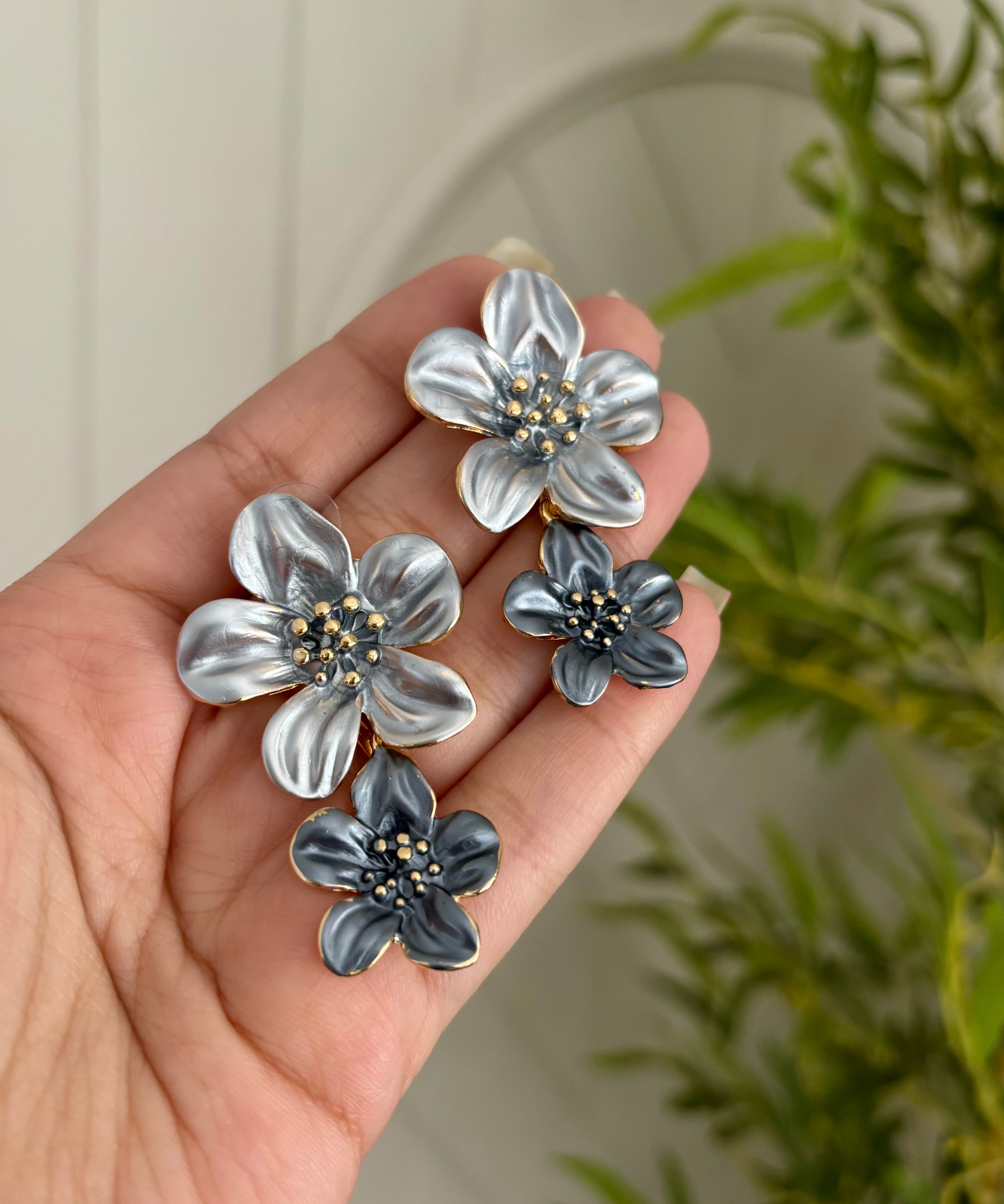 Grey & Black Double Tone Flower Earrings