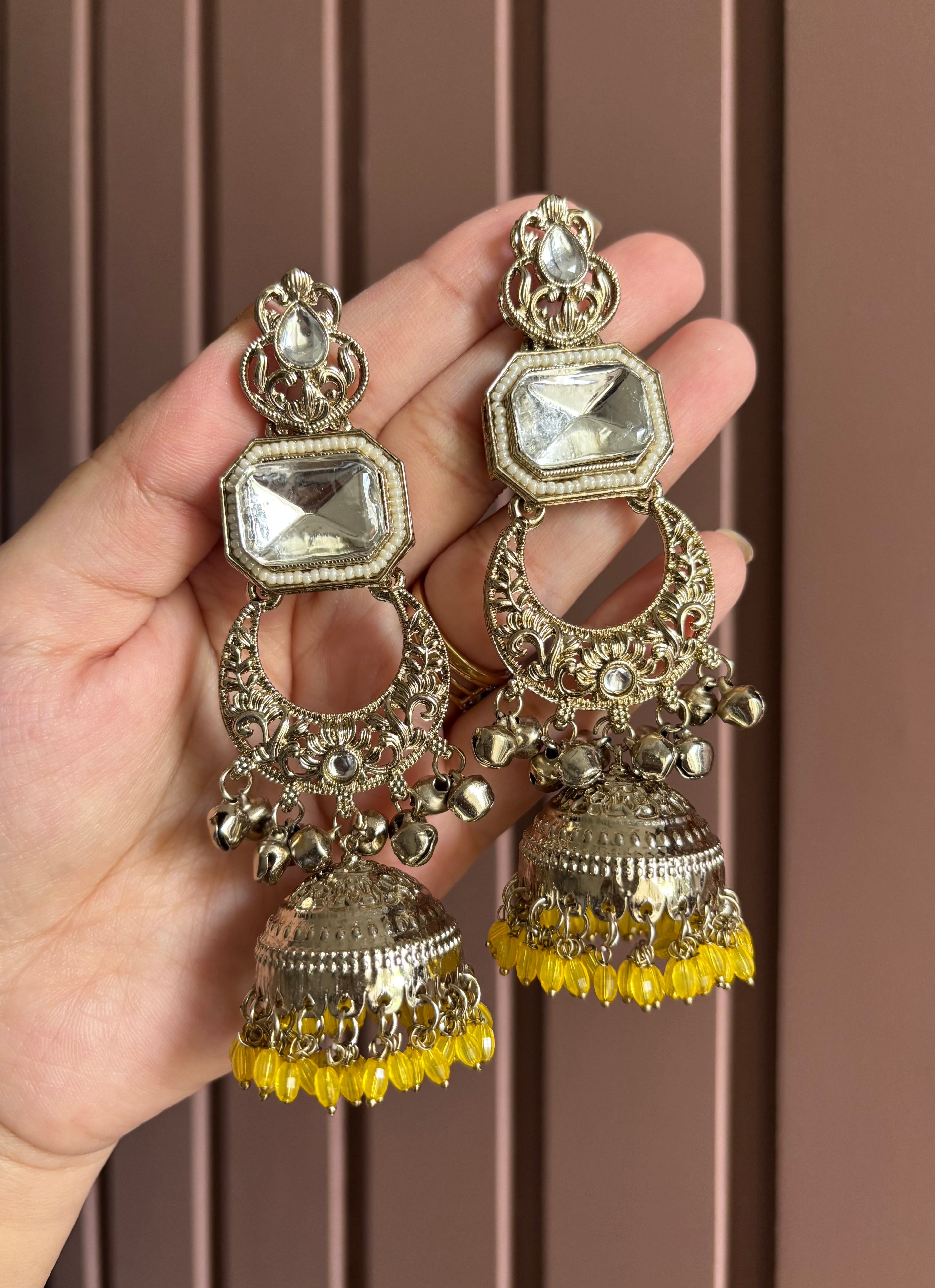 Brass Chandbali Jhumkas (Yellow)