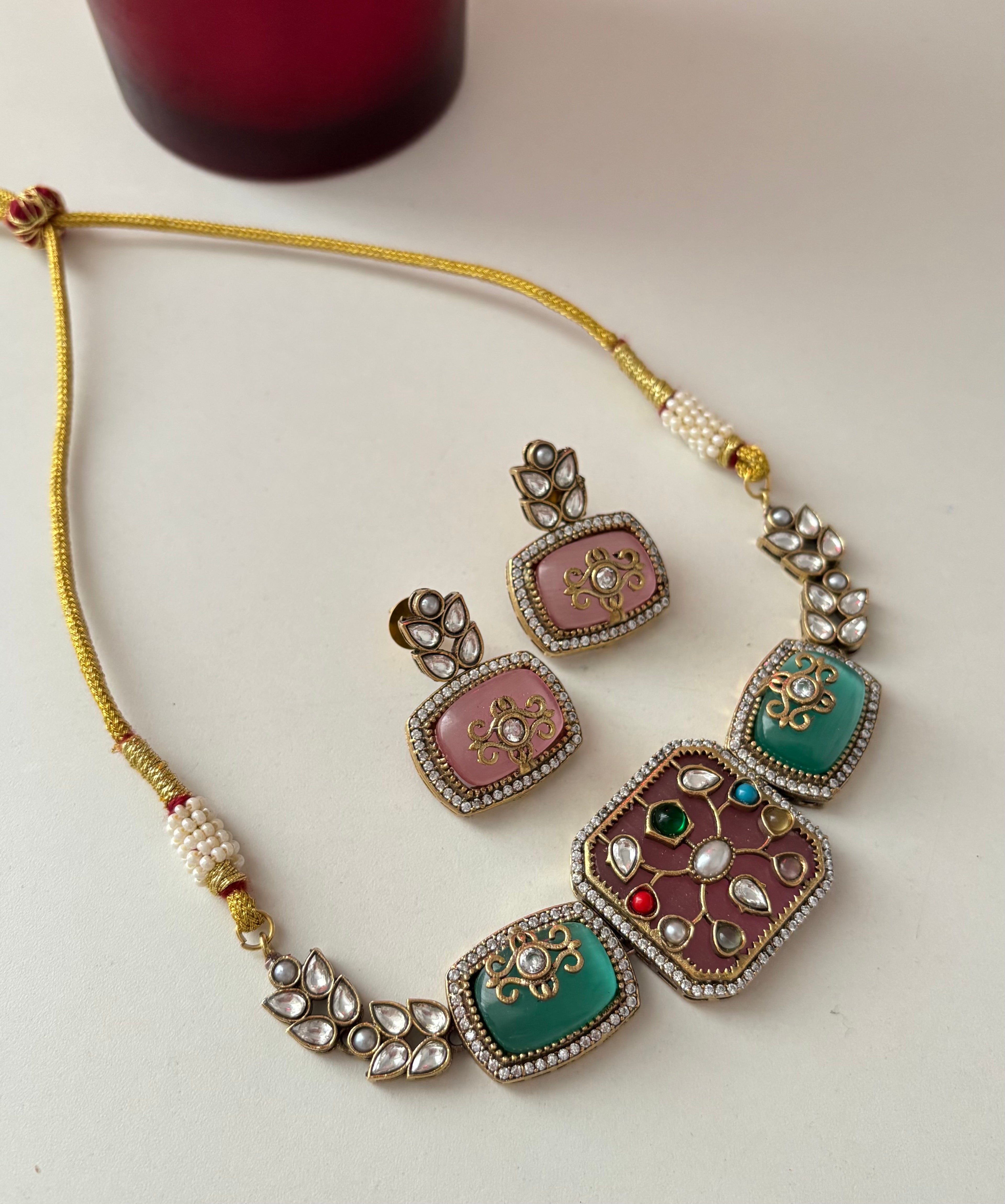 Ruhi Premium Moissanite Stone Work Choker Set With Earrings (Pink & Turquoise)