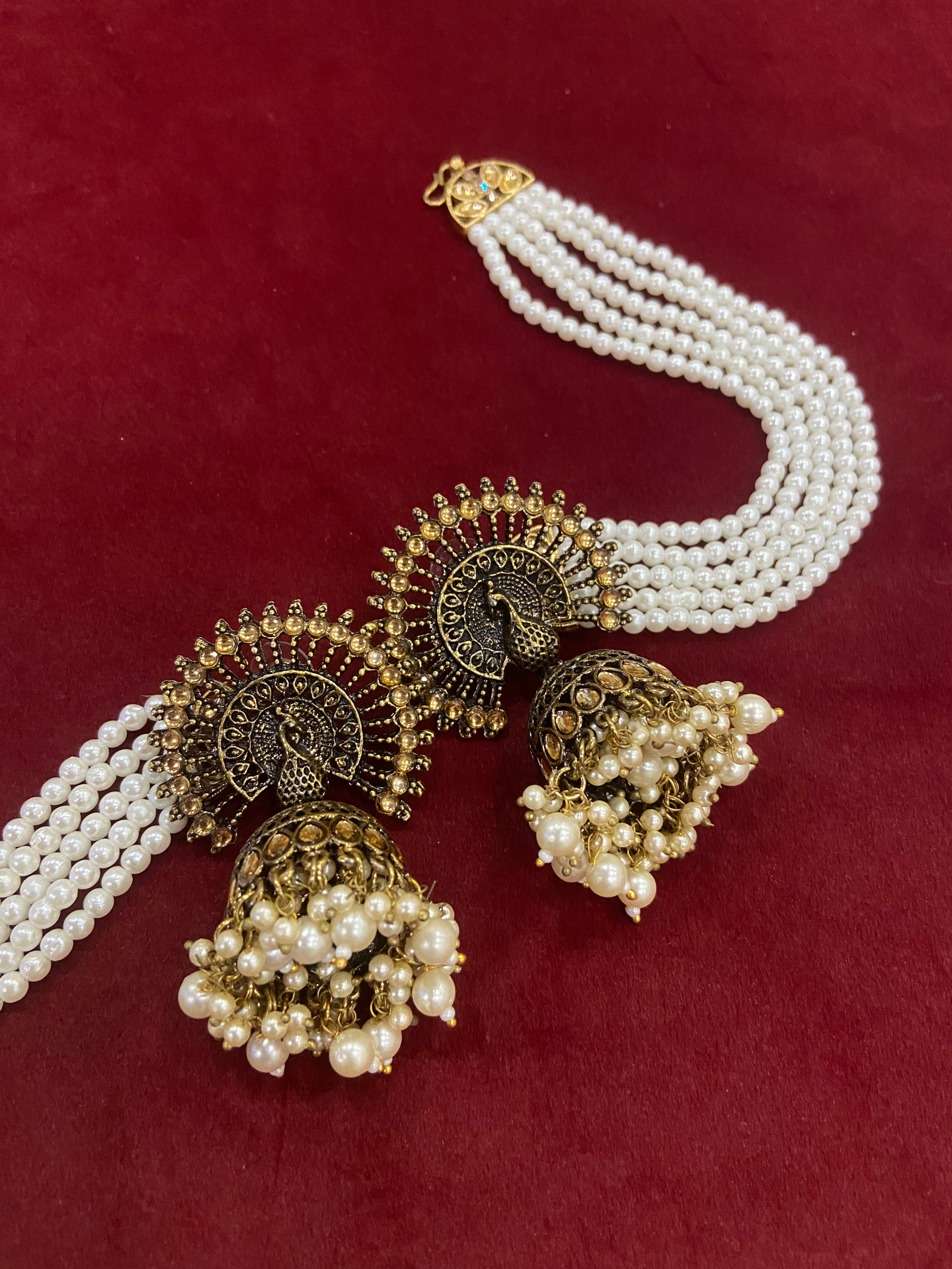 Peacock Jhumkas With Detachable 5 Layer Earchain