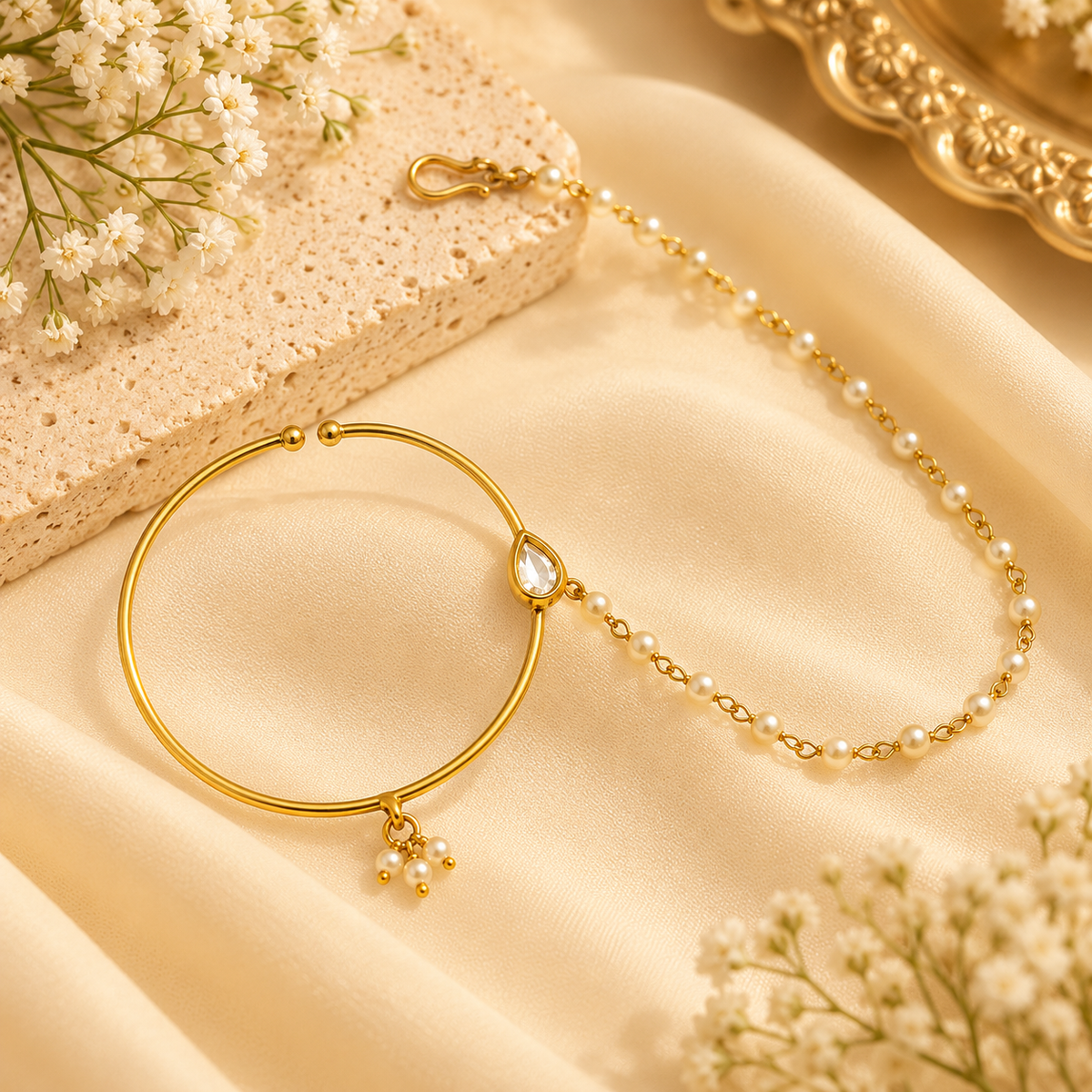 Round Almond Kundan Nose Ring With Side Layer (Press On)