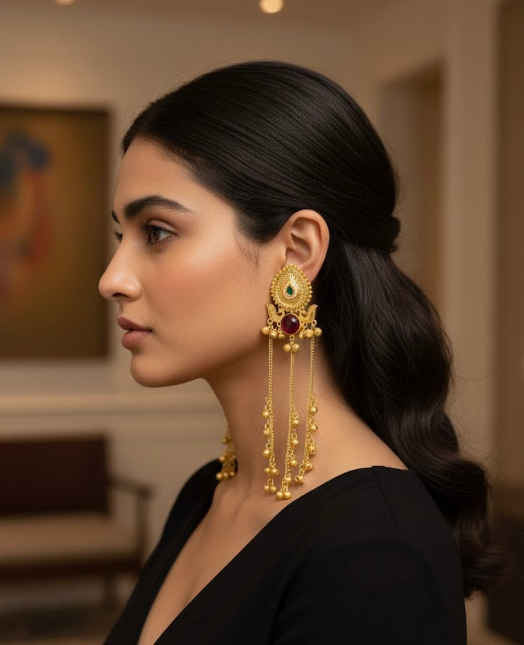 Almond Long Layer Kashmiri Earrings