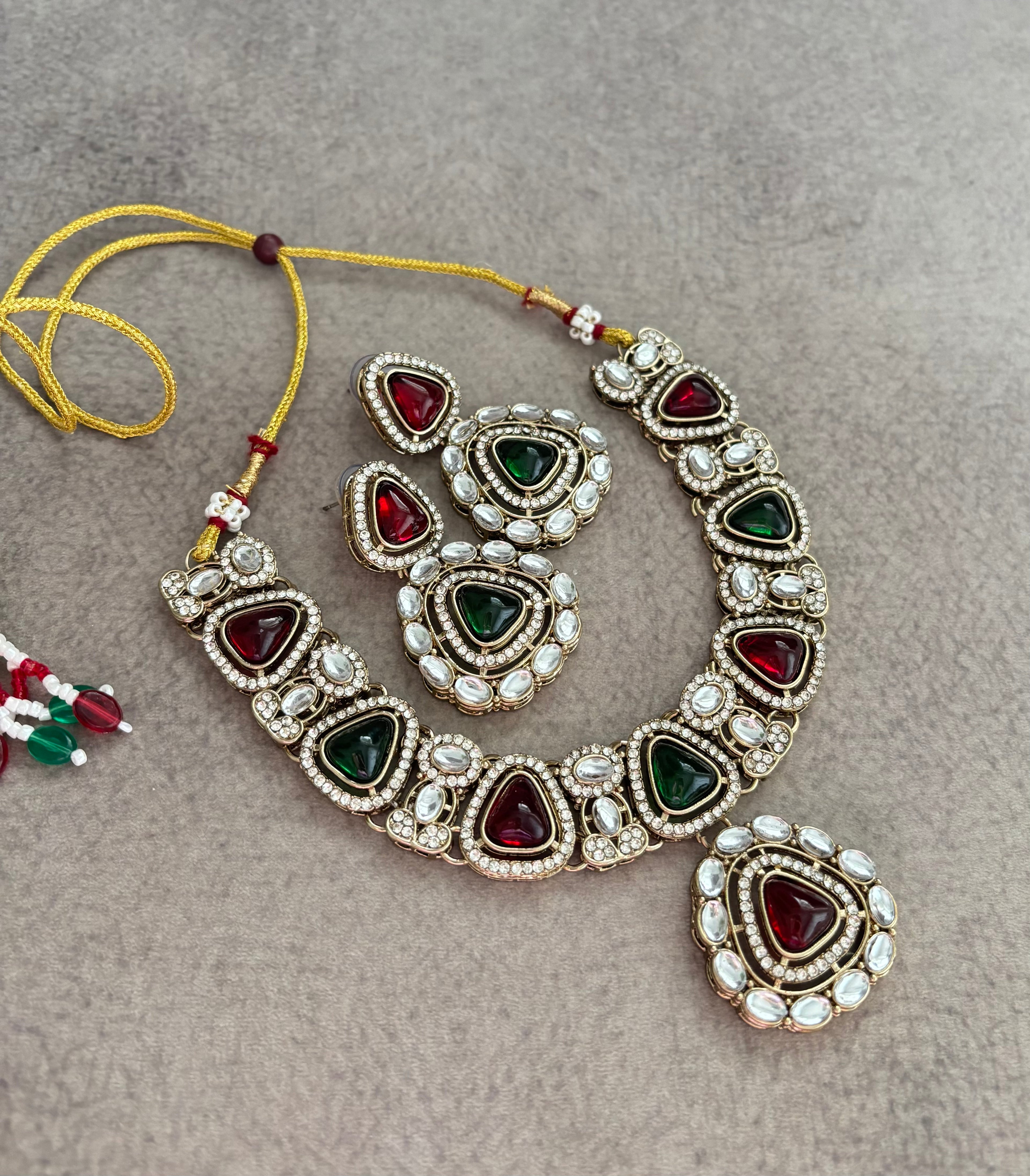 Maroon Green Mix Polki Dupe Necklace with Earrings