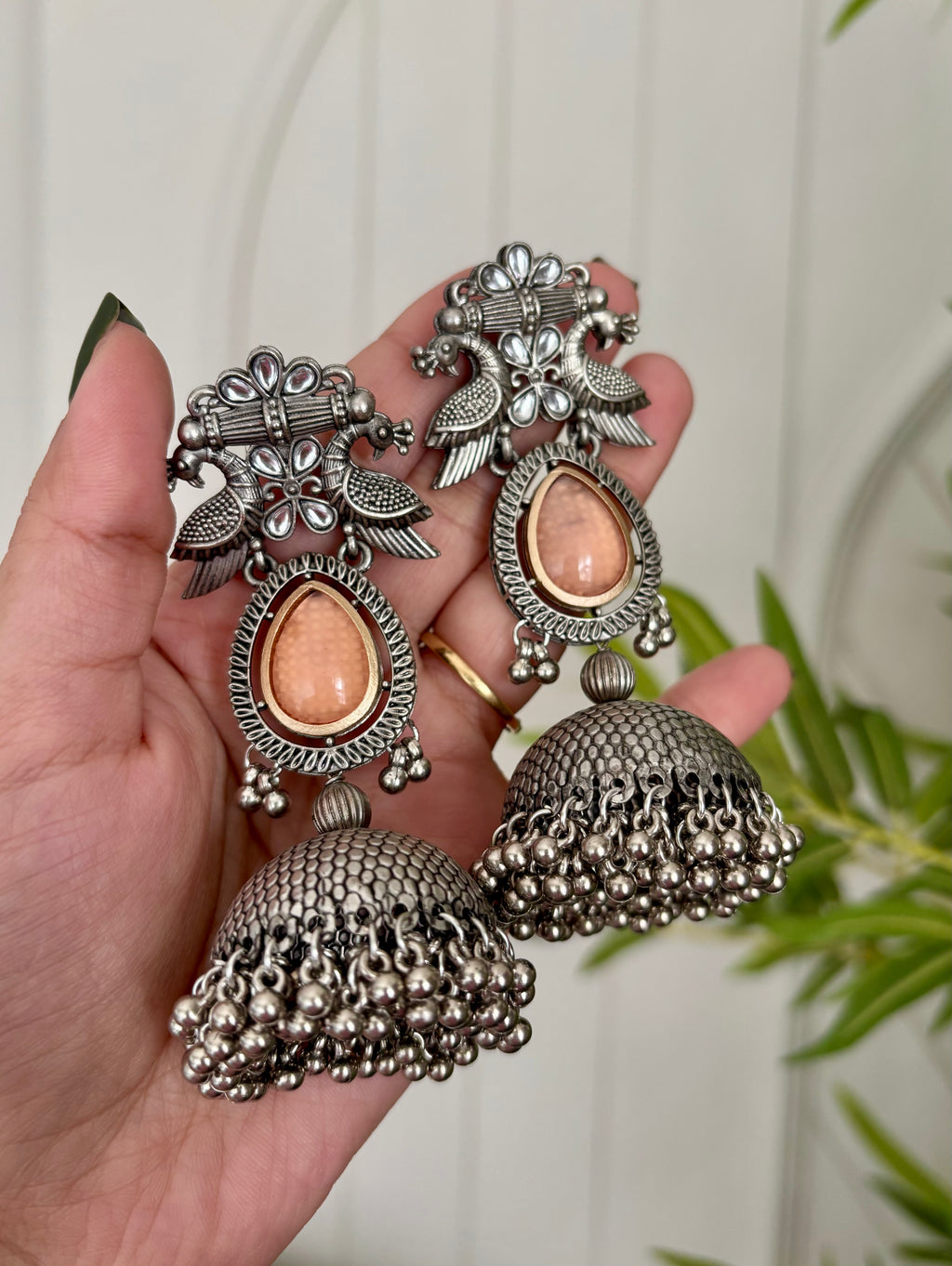 Silver Peacock Almond Jhumkas