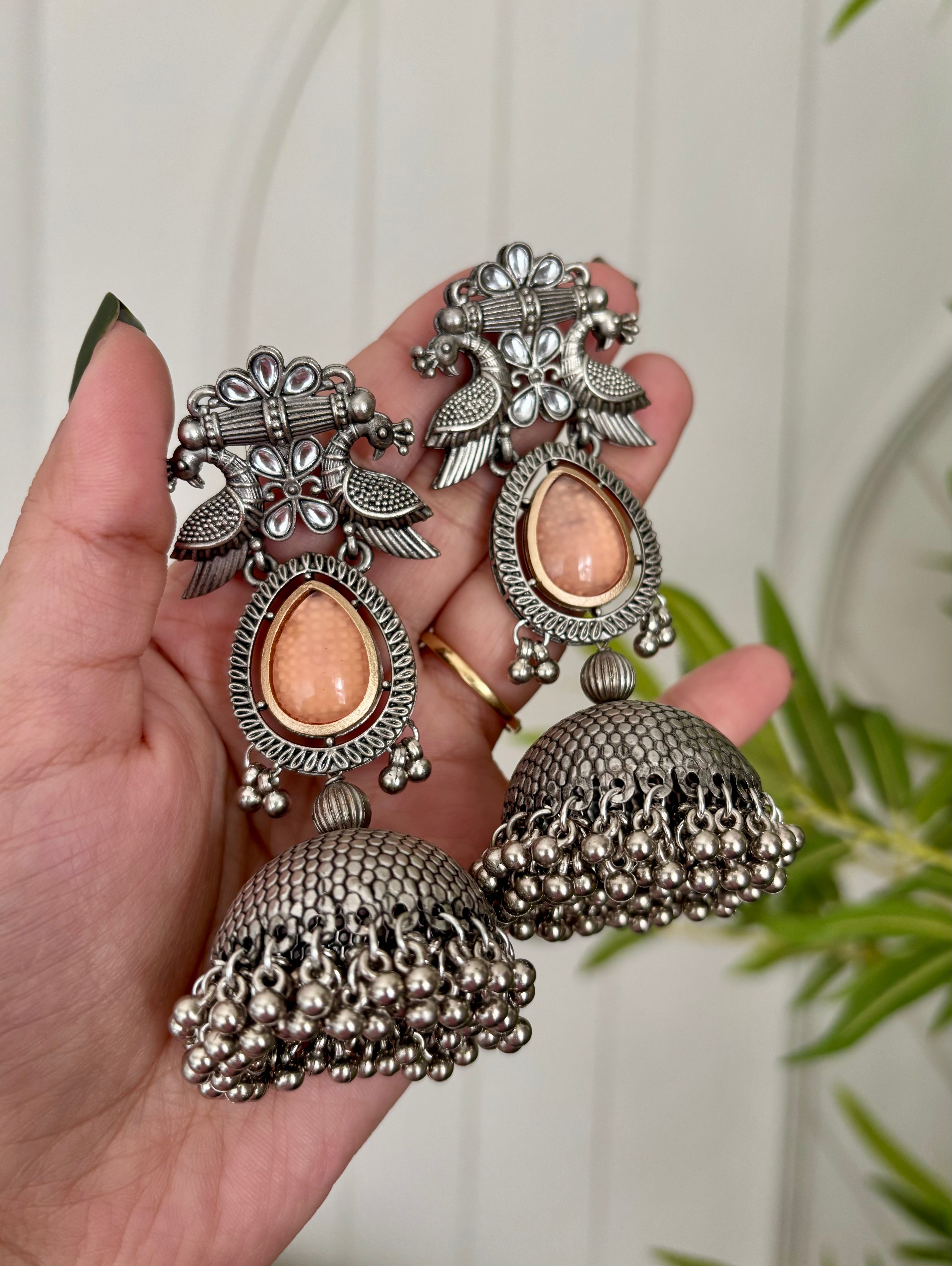 Silver Peacock Almond Jhumkas
