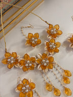 Rose Petal & Mogra Touch Necklace With Mang Tikka & Earrings With Side Layers (Yellow)
