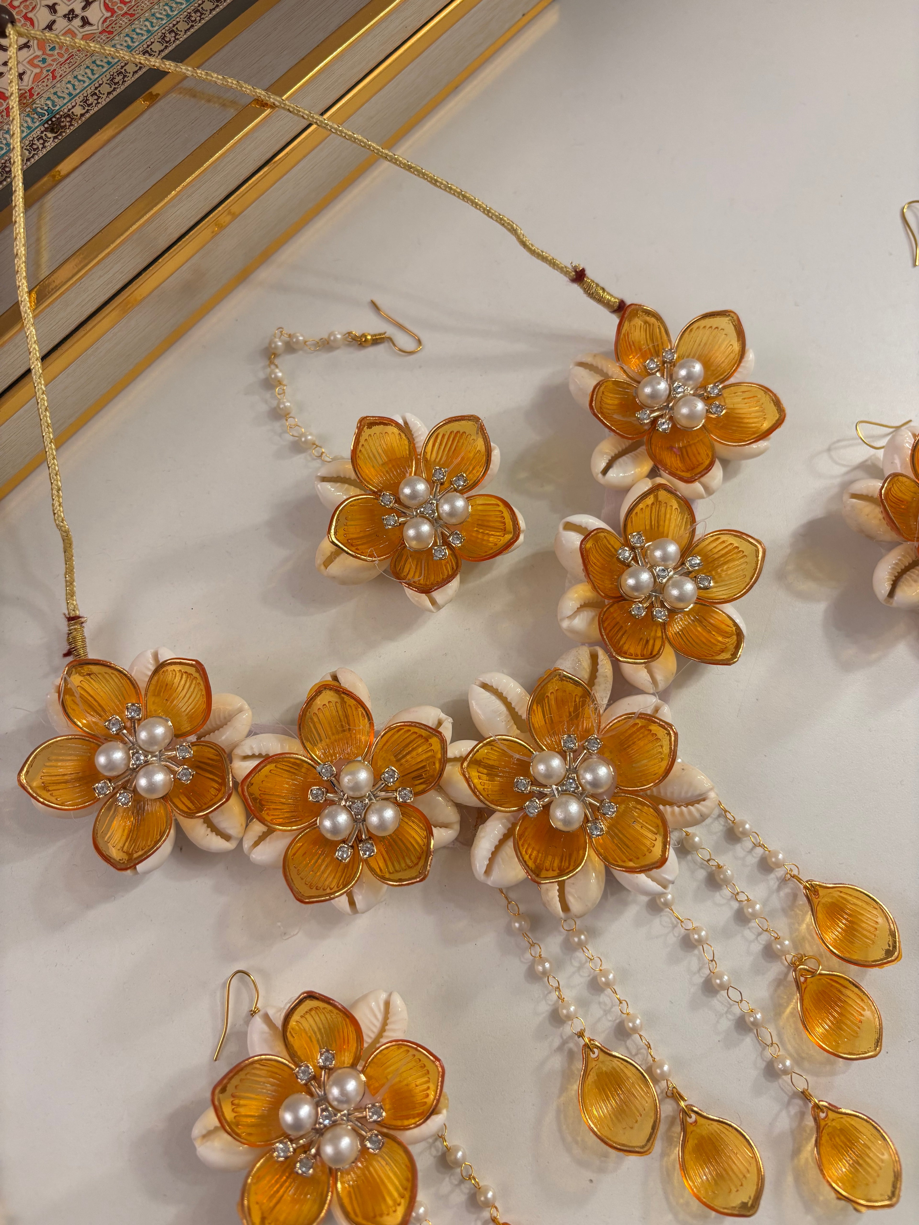 Rose Petal & Mogra Touch Necklace With Mang Tikka & Earrings With Side Layers (Yellow)