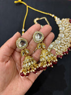 Aman Kundan Heavy Look Necklace With Mang Tikka & Jhumkas ( Maroon )
