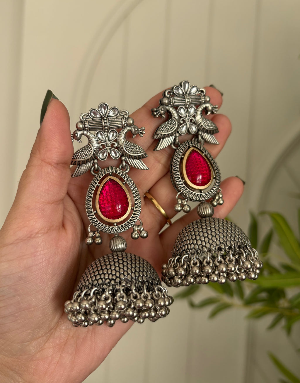 Silver Peacock Almond Jhumkas