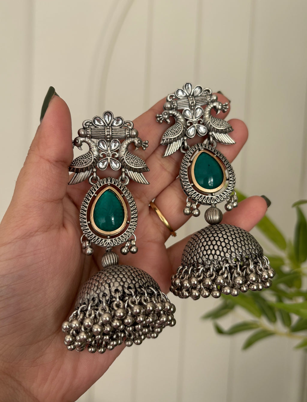 Silver Peacock Almond Jhumkas