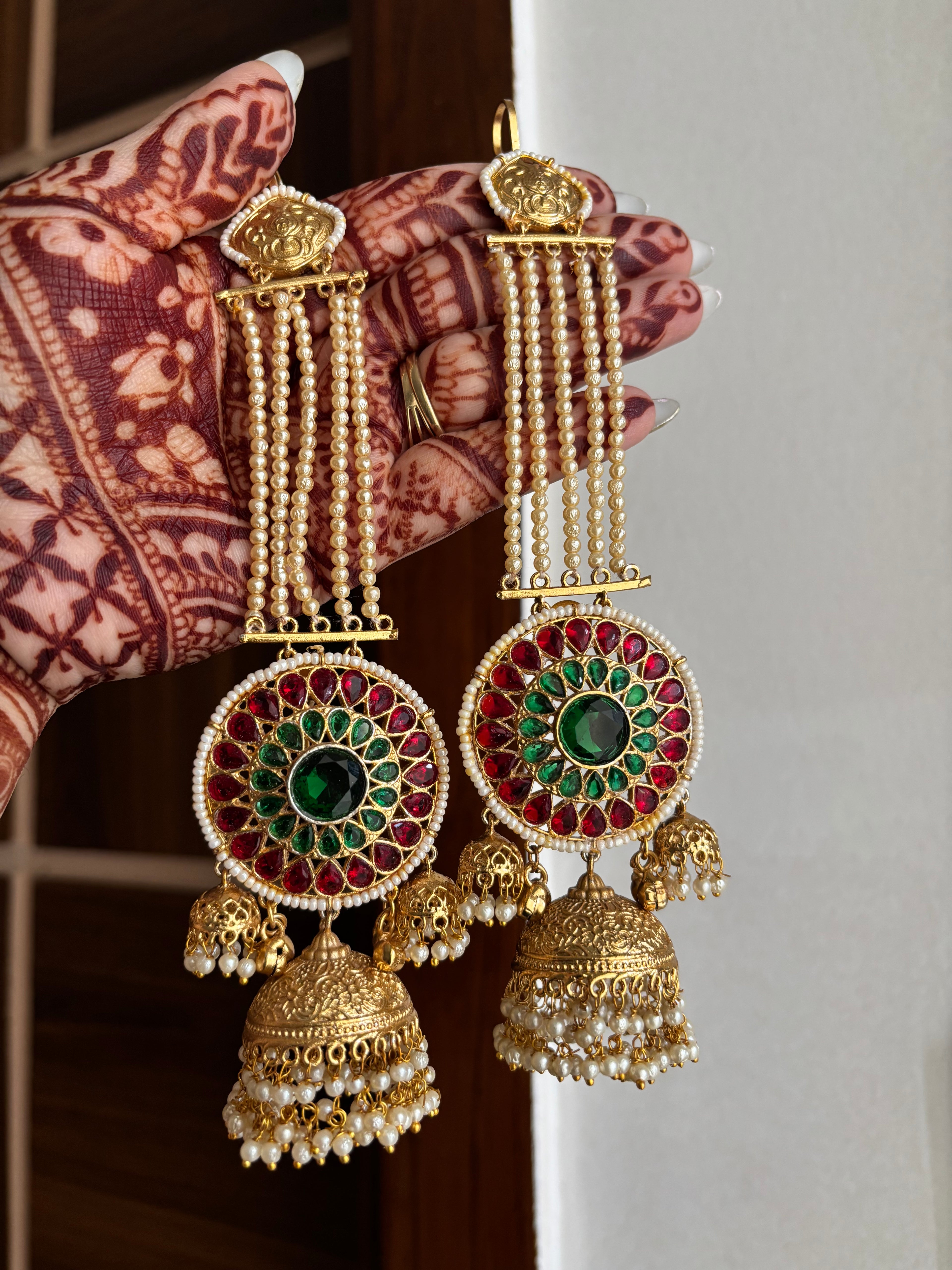 Gurpreet Brass Jhumkas With Sahara (Maroon/Emerald)