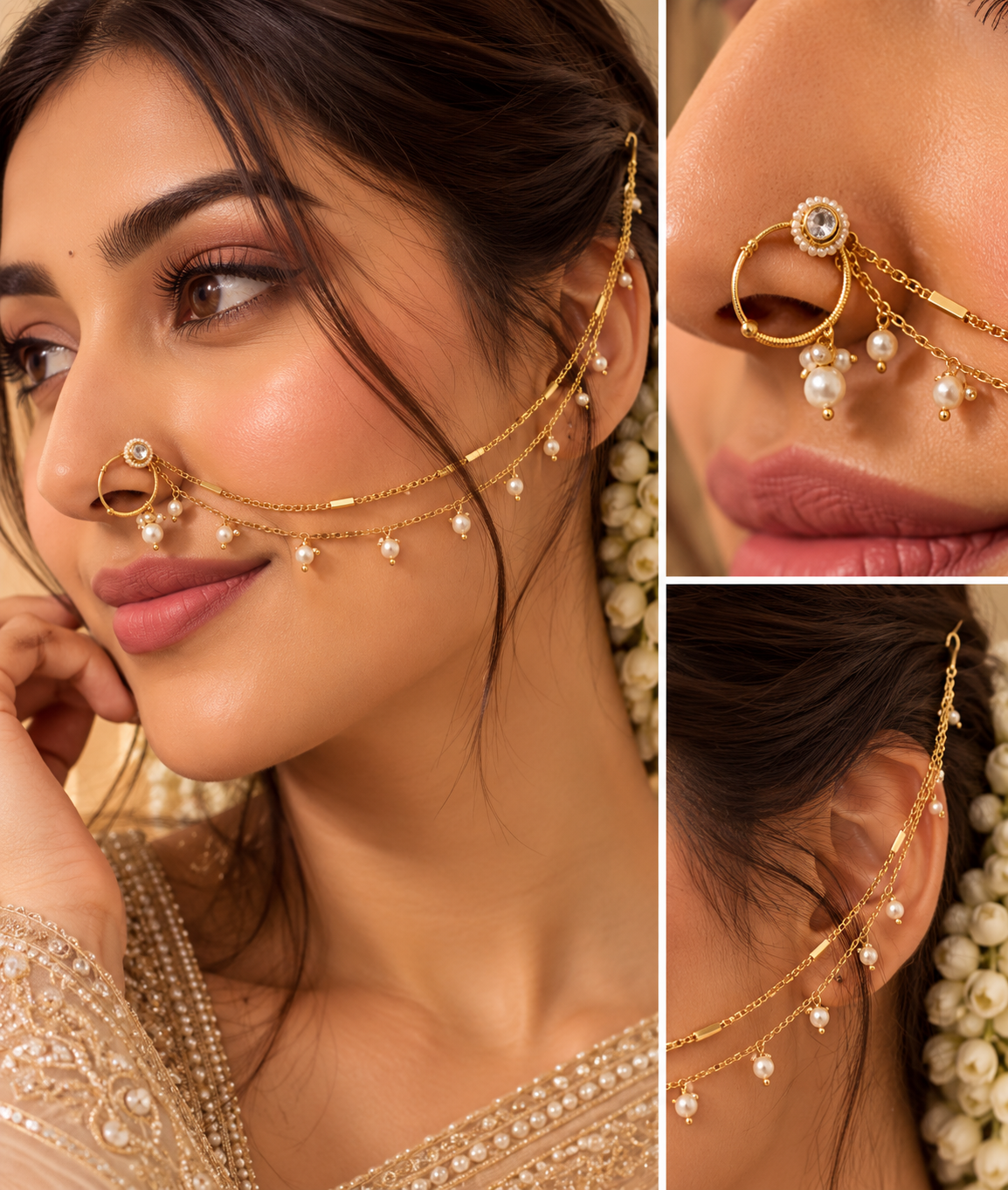 Radha Press On Nose Pin With Side Layer (White)