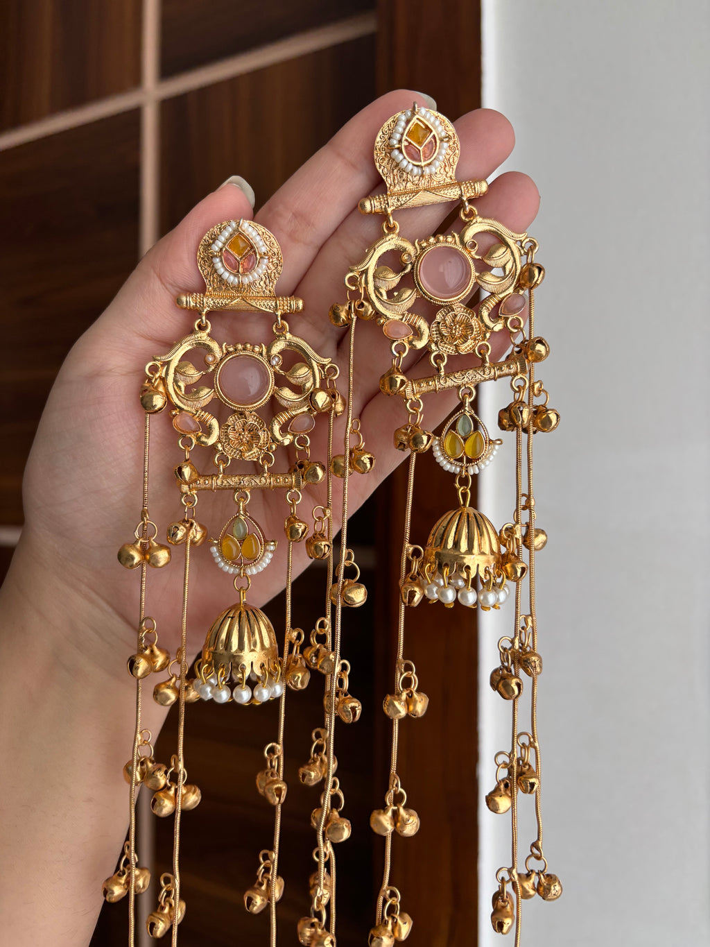 Neetika Kashmiri Long Earrings (Baby Pink)