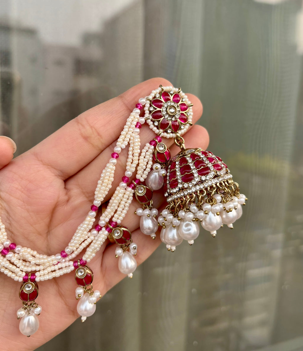 Sunpreet Dark Pink Pearls & Stones Touch Jhumkas With Side Layers