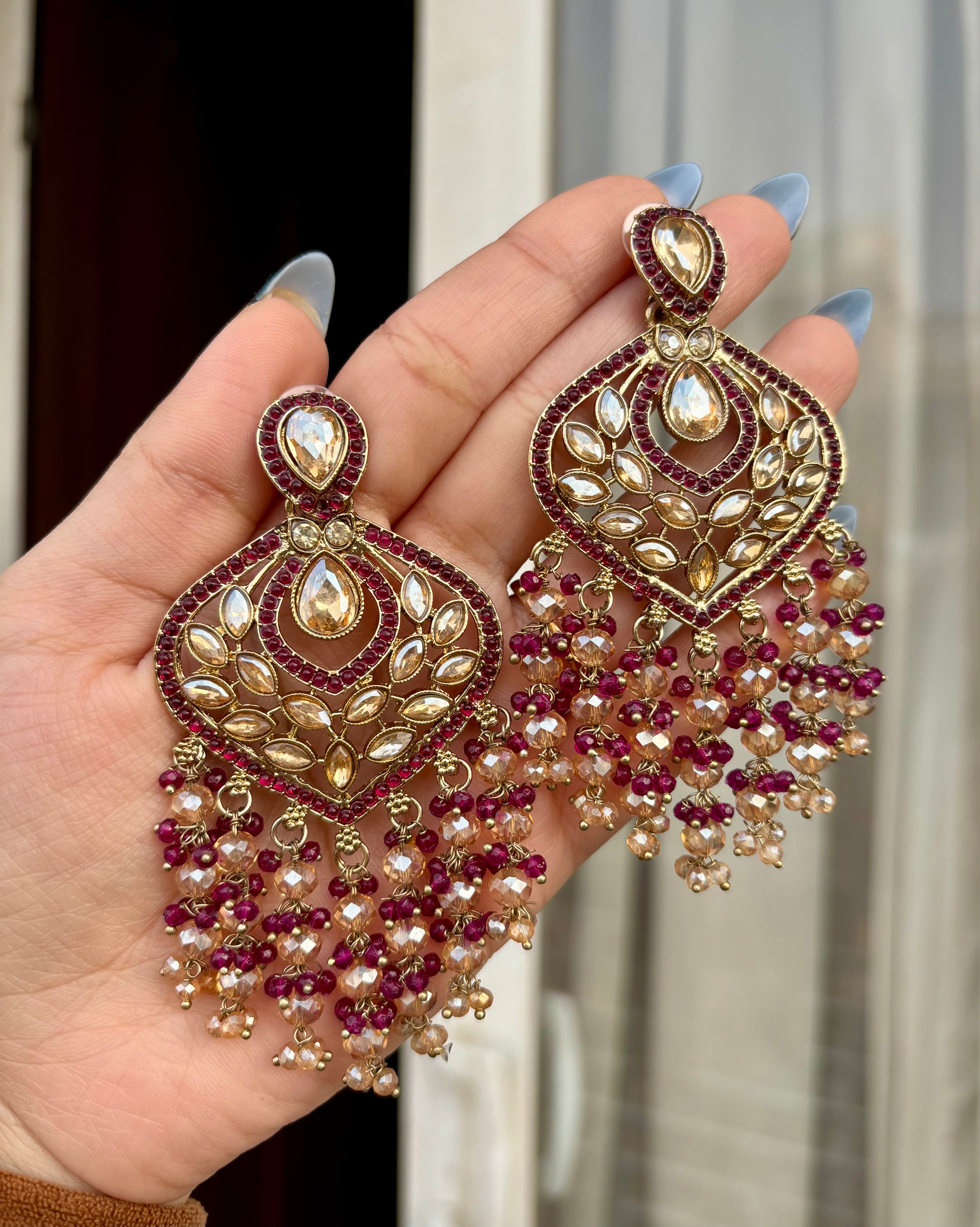 Wine Crystal Beads Work Earrings