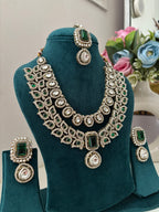 High Quality Designer Victorian Double Layer Necklace With Mang Tikka & Earrings (Green)
