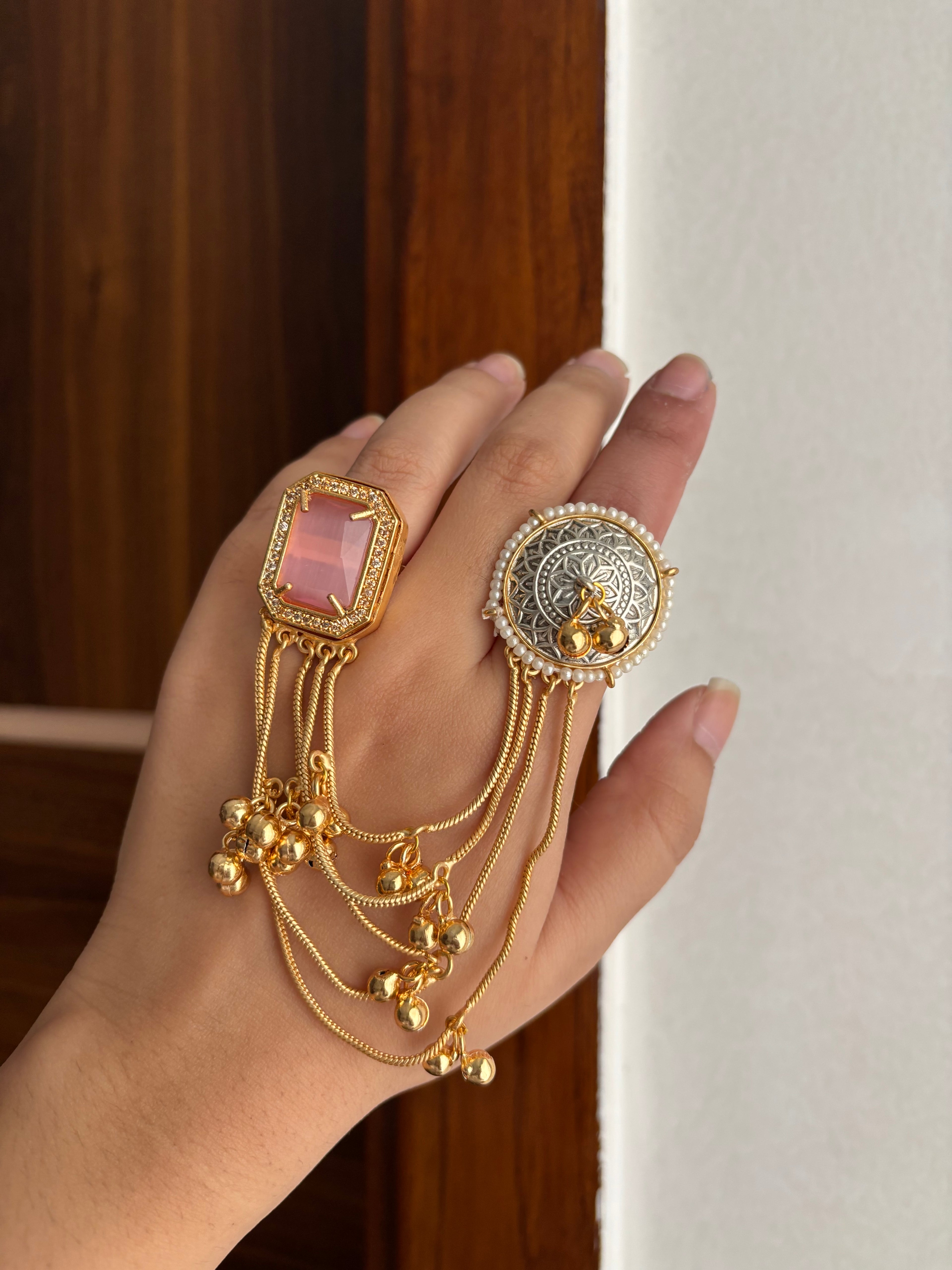Statement Designer Pink Double Finger Adjustable Ring