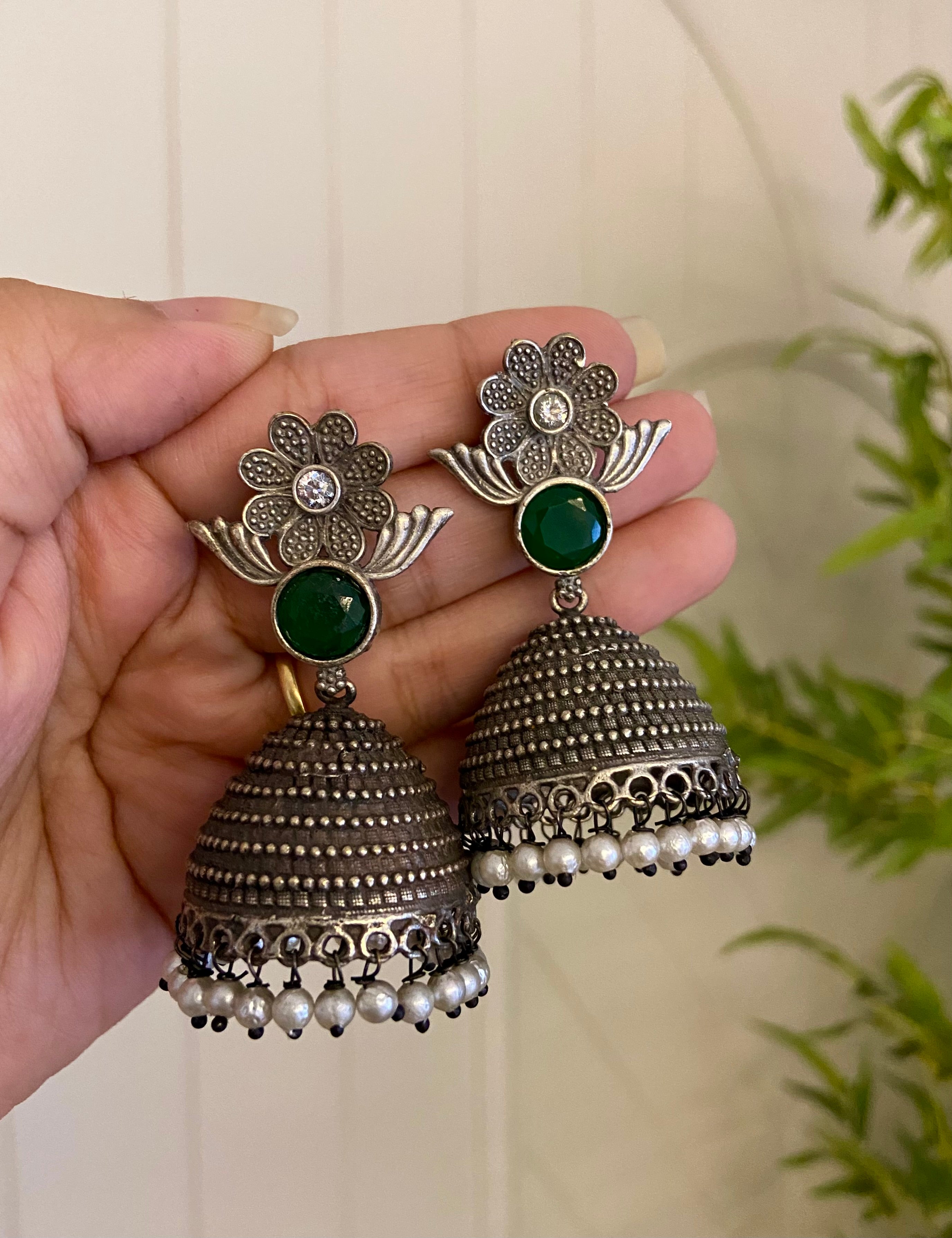 Green Flower Silver Jhumkas