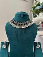 Designer Silver Necklace With Mang Tikka & Jhumkas