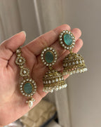Premium Choker Choker Set With Mang Tikka & Jhumkas Moissanite Work (Pink/Mint)