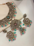 Premium Heavy Look Royal Necklace With Earrings (Pink/Mint)