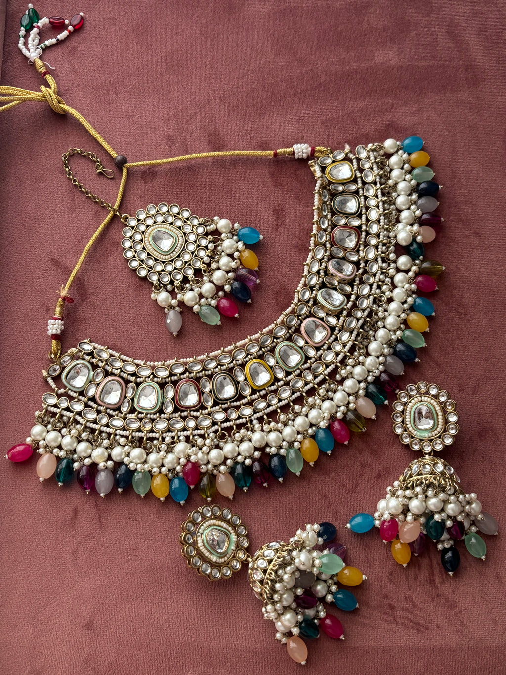 Heavy Look Multi Kundan Necklace With Mang Tikka & Jhumkas