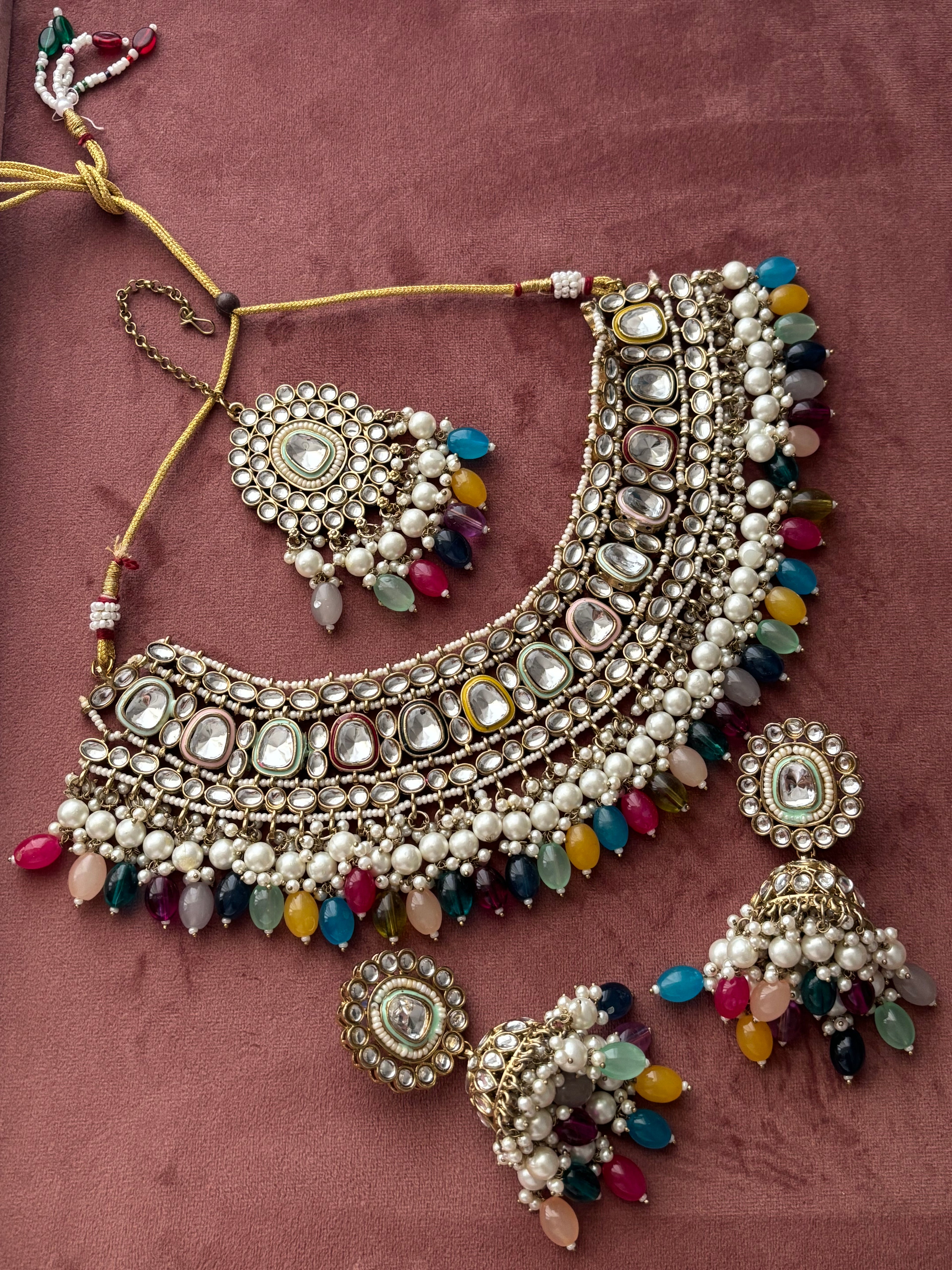 Heavy Look Multi Kundan Necklace With Mang Tikka & Jhumkas