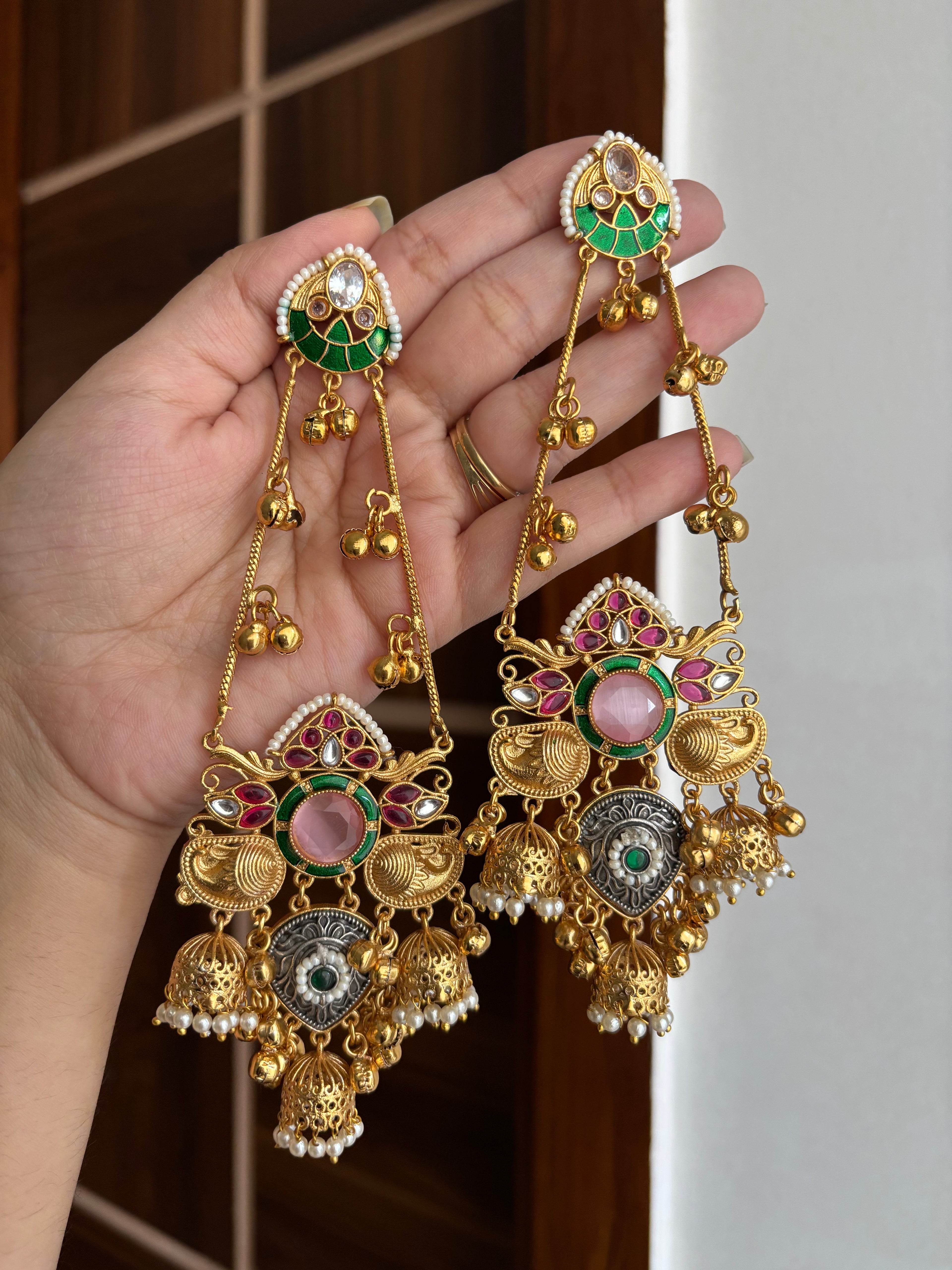 Twinkle Long Kashmiri Earrings (Pink)