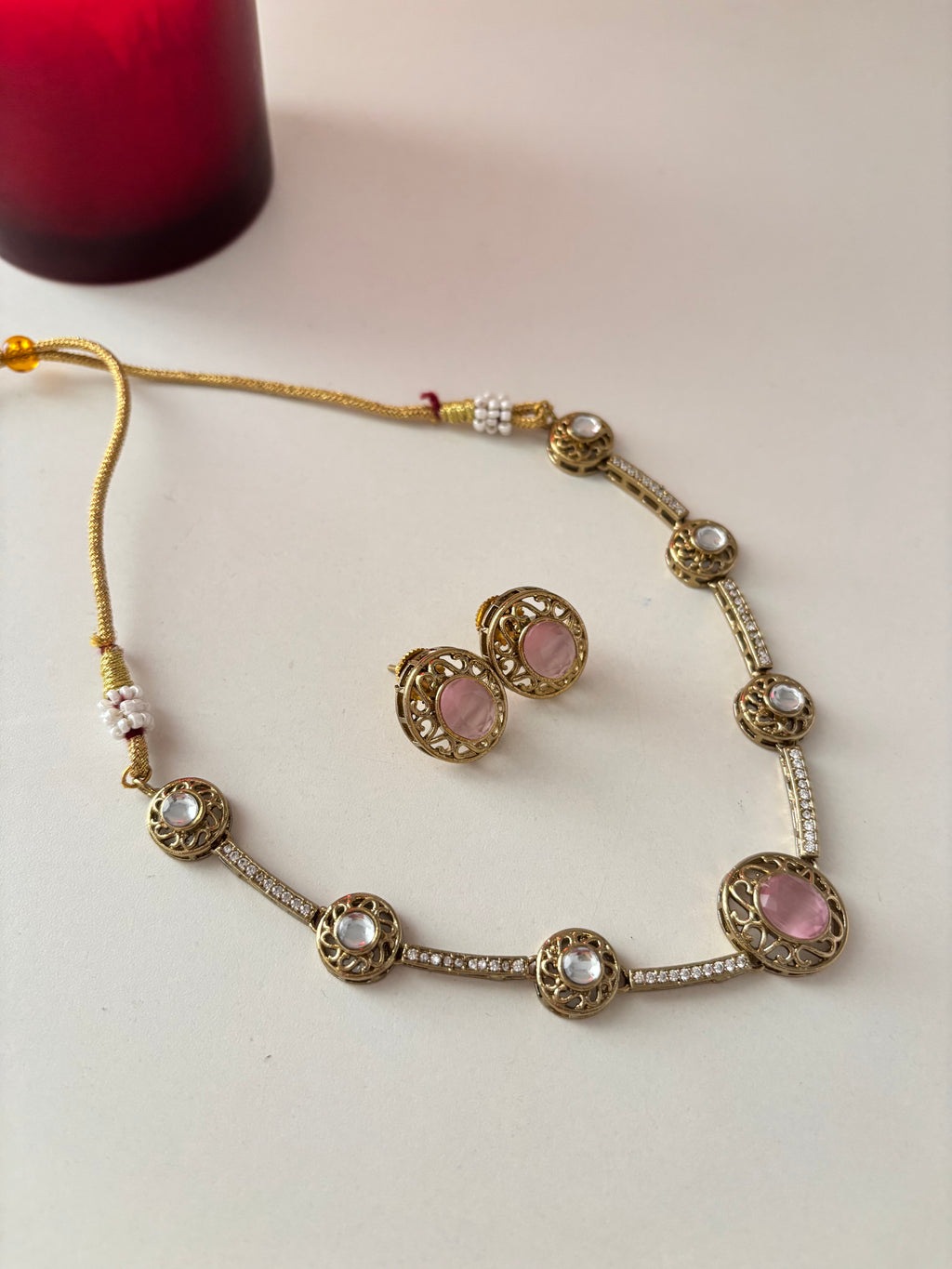 Premium Doublet & Polki Work Necklace With Studs (Pink)