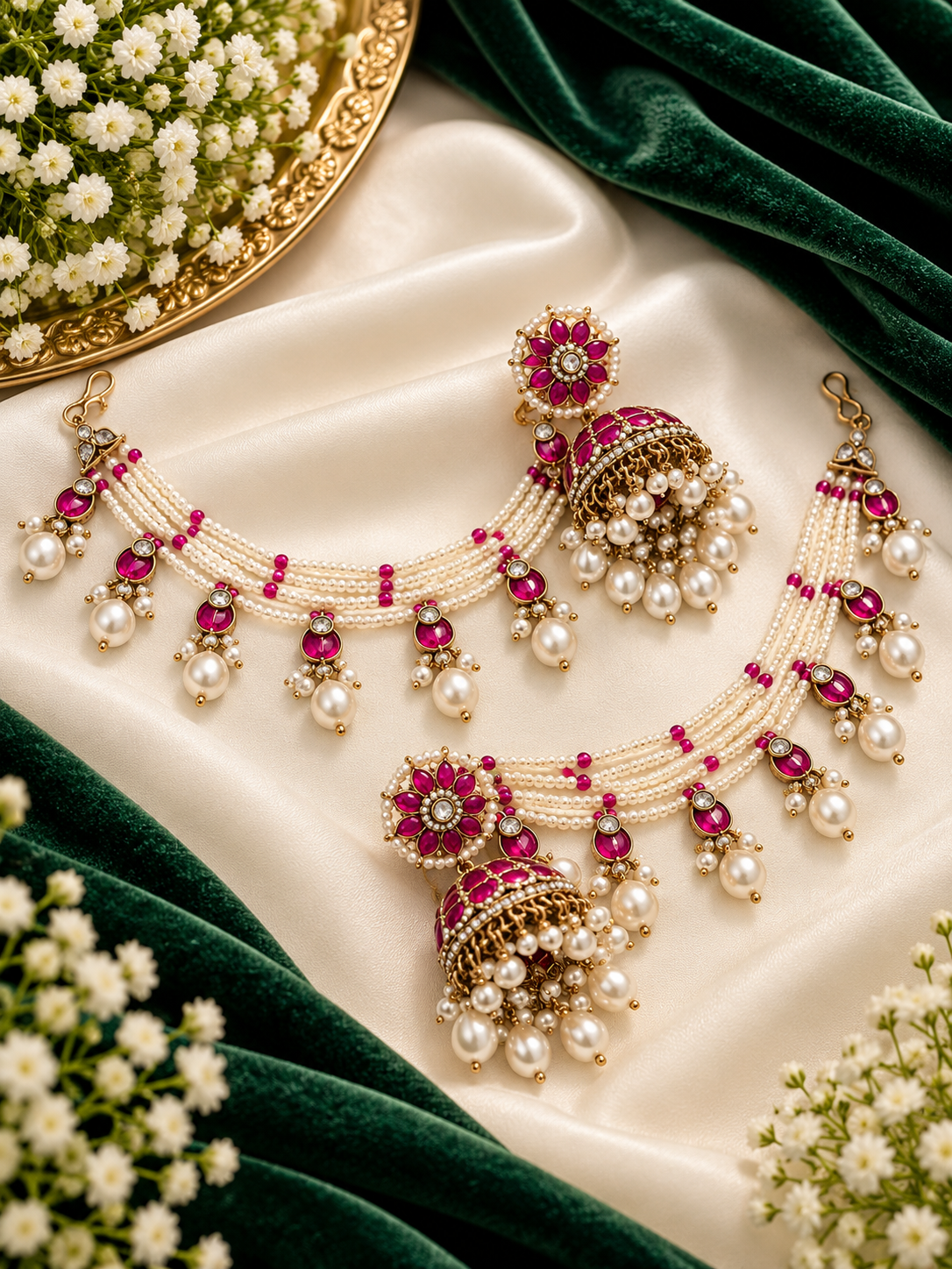 Paro Jhumka With Side Layer (Dark Pink)
