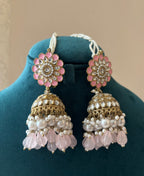 Flower Meenakari & Kundan Touch Jhumkas With Detachable Earchain (Baby Pink)