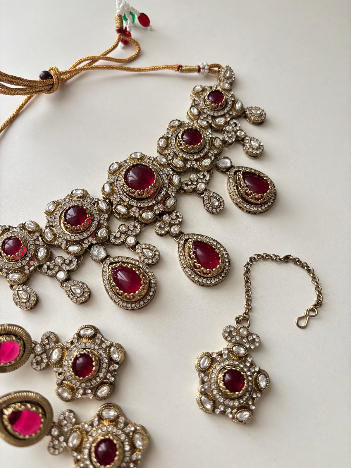 Princess Jasmine Turkish Choker Set With Mang Tikka & Earrings (Ruby)