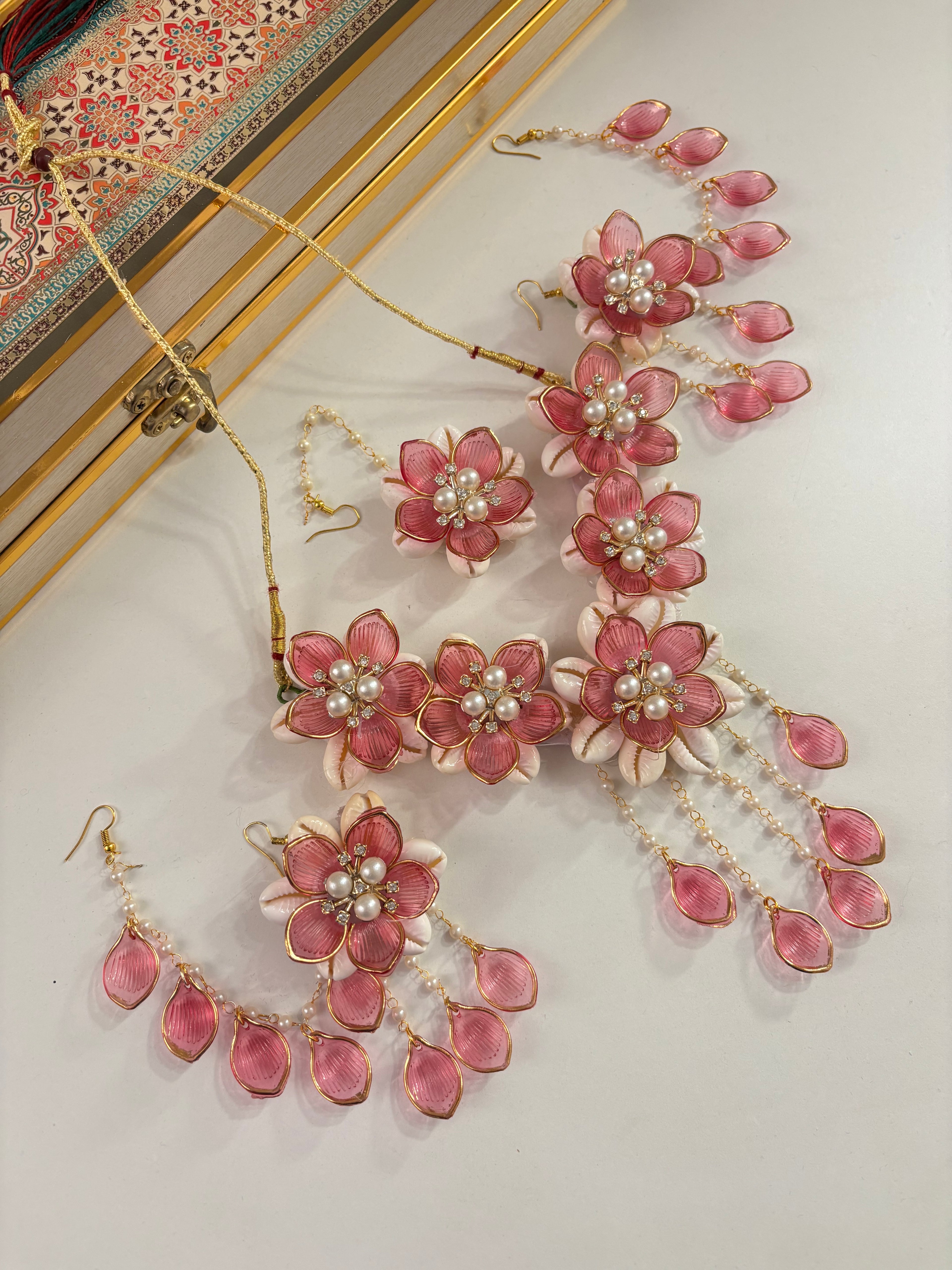Rose Petal & Mogra Touch Necklace With Mang Tikka & Earrings With Side Layers (Light Wine)