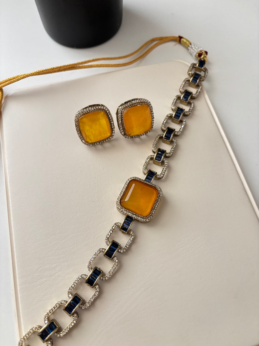Sabyasachi Inspired Doublet Stone Work Choker With Studs (Yellow)