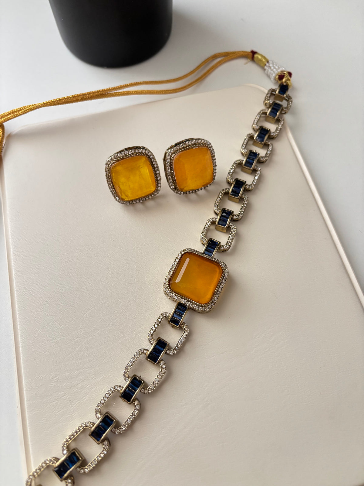 Sabyasachi Inspired Doublet Stone Work Choker With Studs (Yellow)