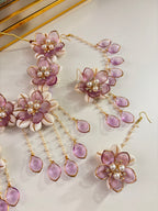 Rose Petal & Mogra Touch Necklace With Mang Tikka & Earrings With Side Layers (Lilac)