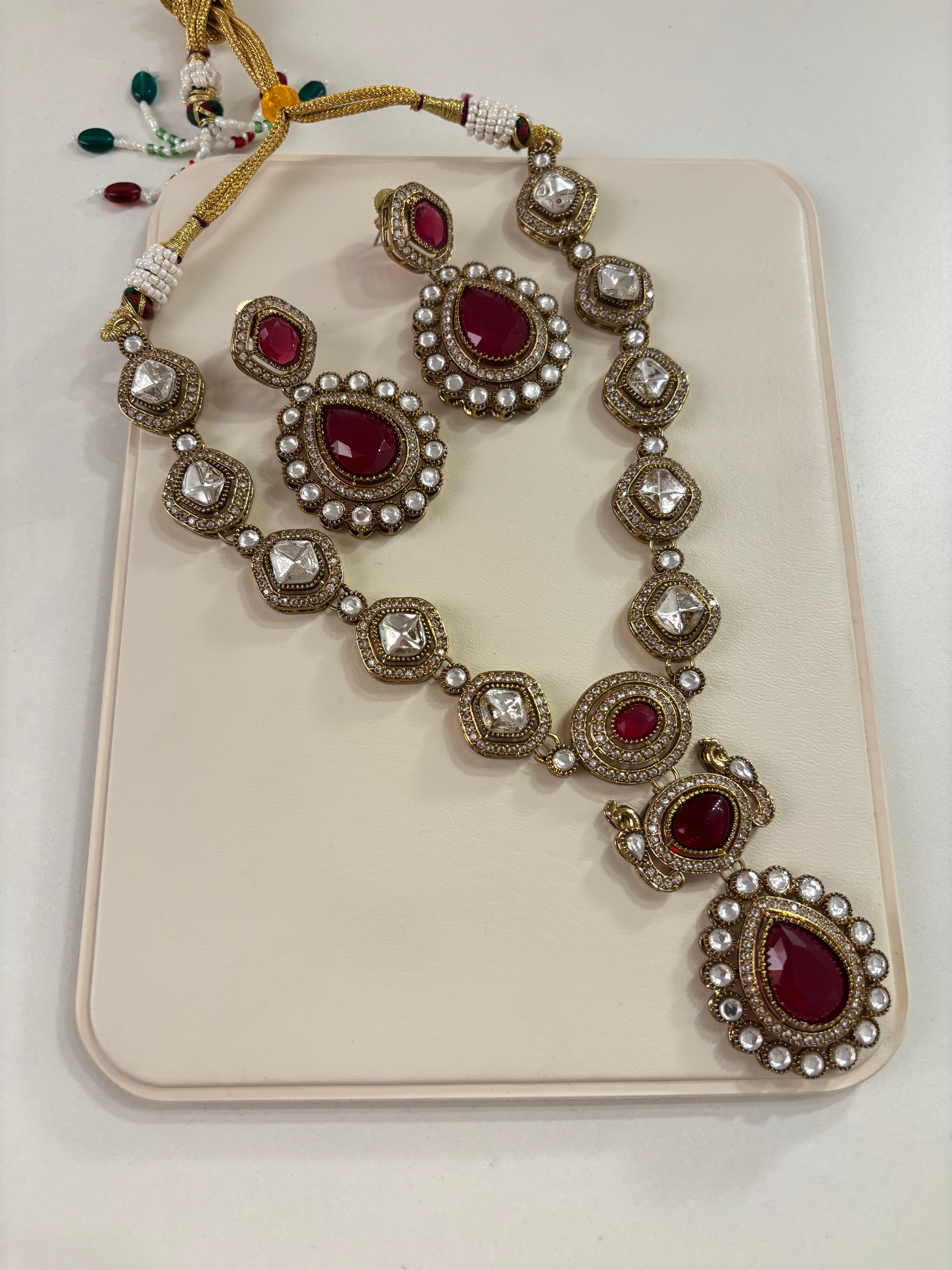 Premium Long Moissanite Necklace With Earrings (Maroon)